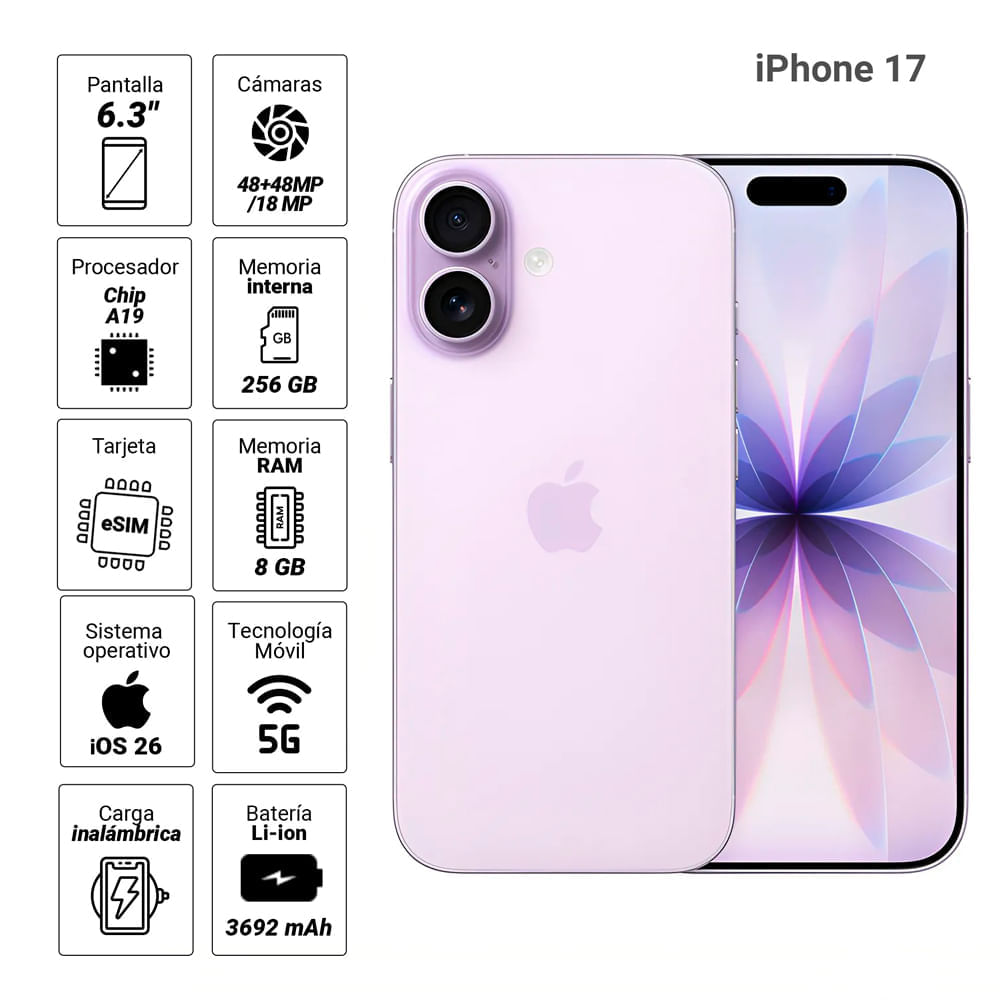 Imagen 2 del producto PREVENTA: iPhone 17 eSIM 5G 256GB, 8GB RAM, cámara trasera 48MP frontal 18MP, 6.3"", lavanda