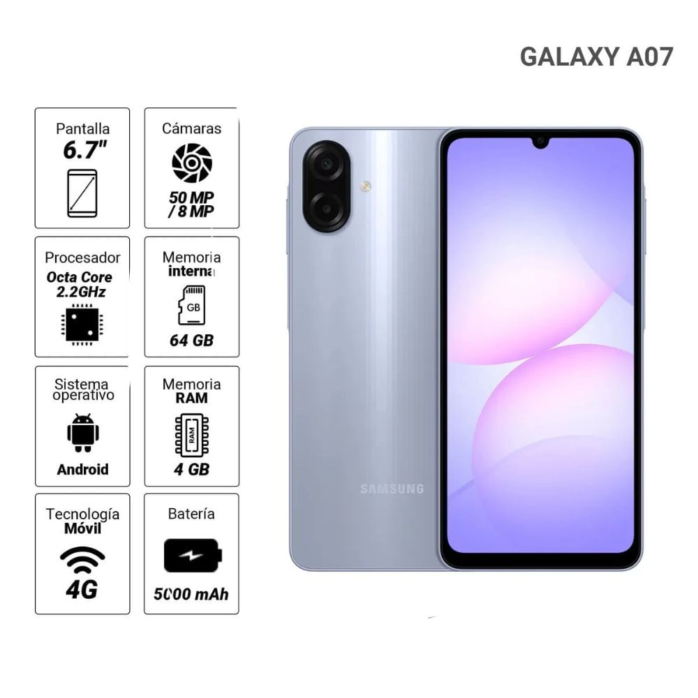 Imagen 2 del producto Celular Samsung Galaxy A07 5G 64GB, 4GB RAM, cámara trasera 50MP y  frontal 8MP, 6.7"", light violet
