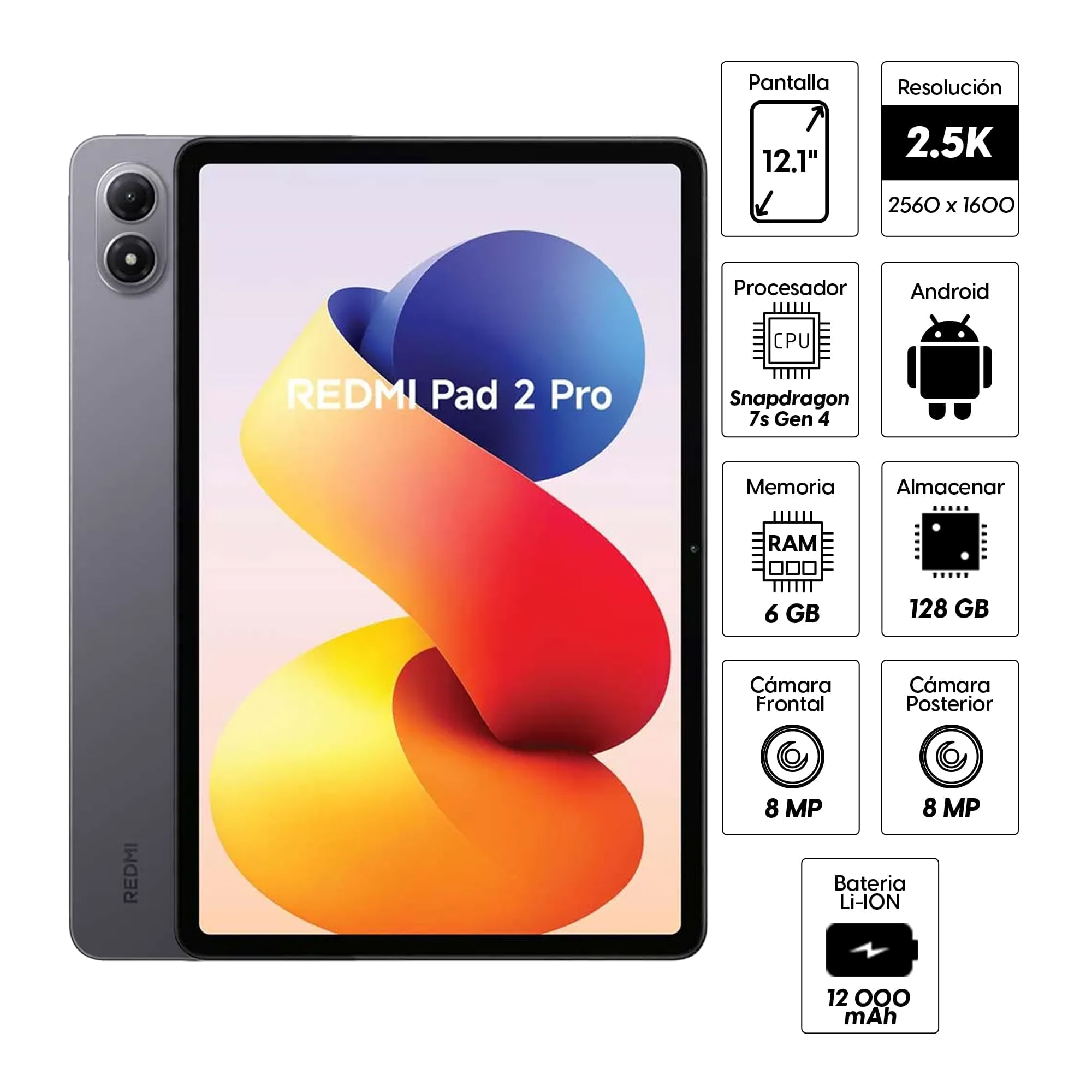 Imagen 2 del producto Tablet Xiaomi Redmi Pad 2 Pro 12.1"" 128GB, 6GB RAM, cámara principal 8MP y frontal 8MP, 12000mAh, Snapdragon 7s, grafito