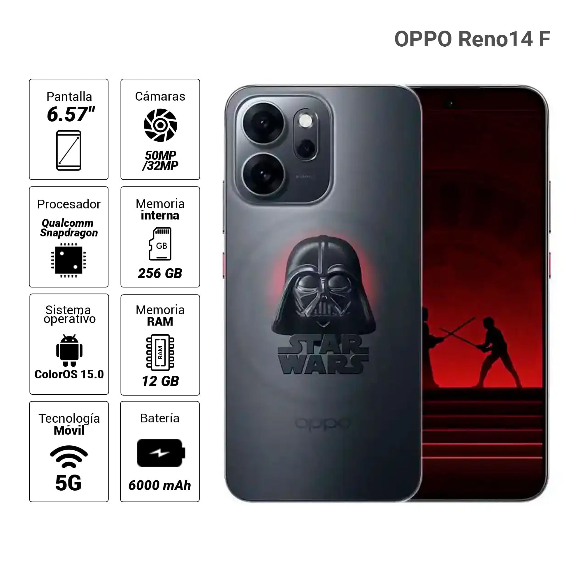 Imagen 2 del producto Celular OPPO Reno14 F Dark Side Limited Edition 5G 256GB, 12GB RAM, cámara trasera 50MP y frontal 32MP, 6.57"", negro