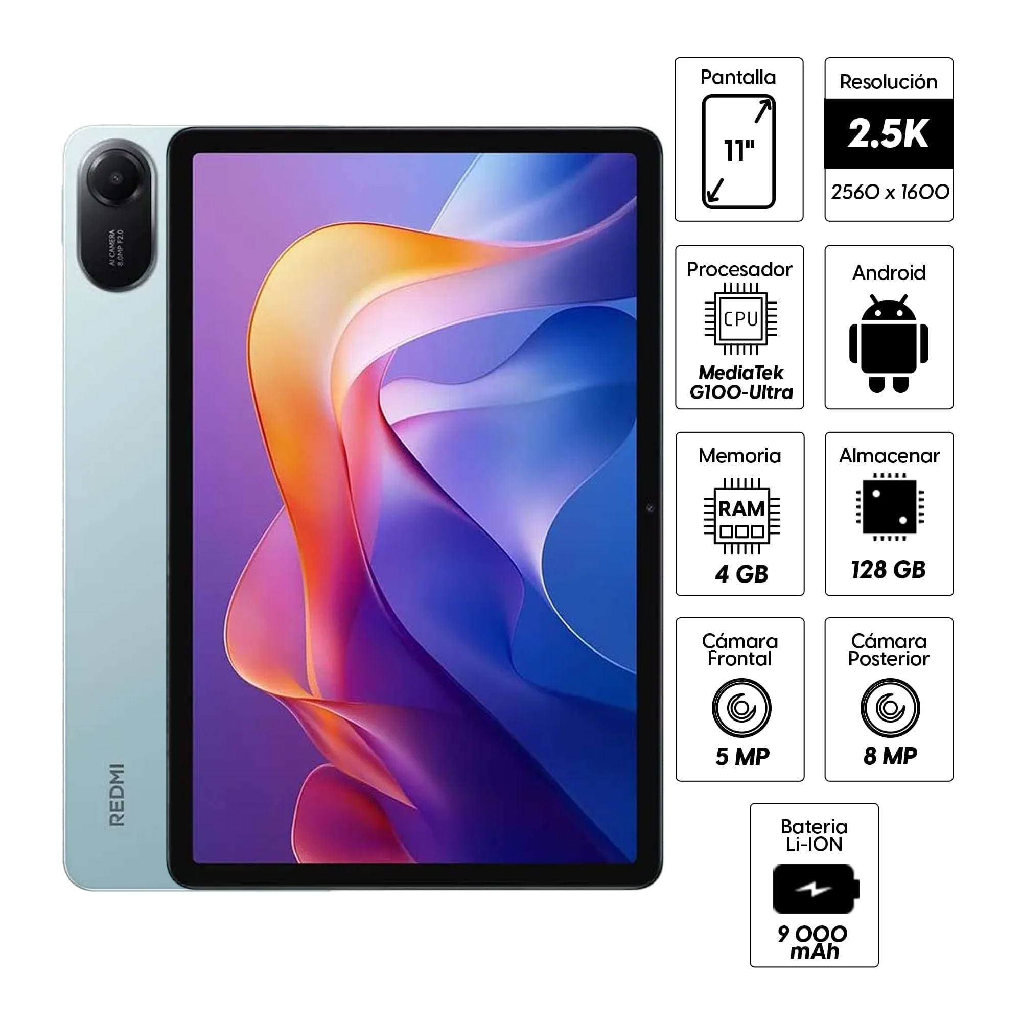 Imagen 2 del producto Tablet Xiaomi Redmi Pad 2 11"" 128GB, 4GB RAM, cámara principal 8MP y frontal 5MP, 9000mAh, Mediatek G100 Ultra, verde