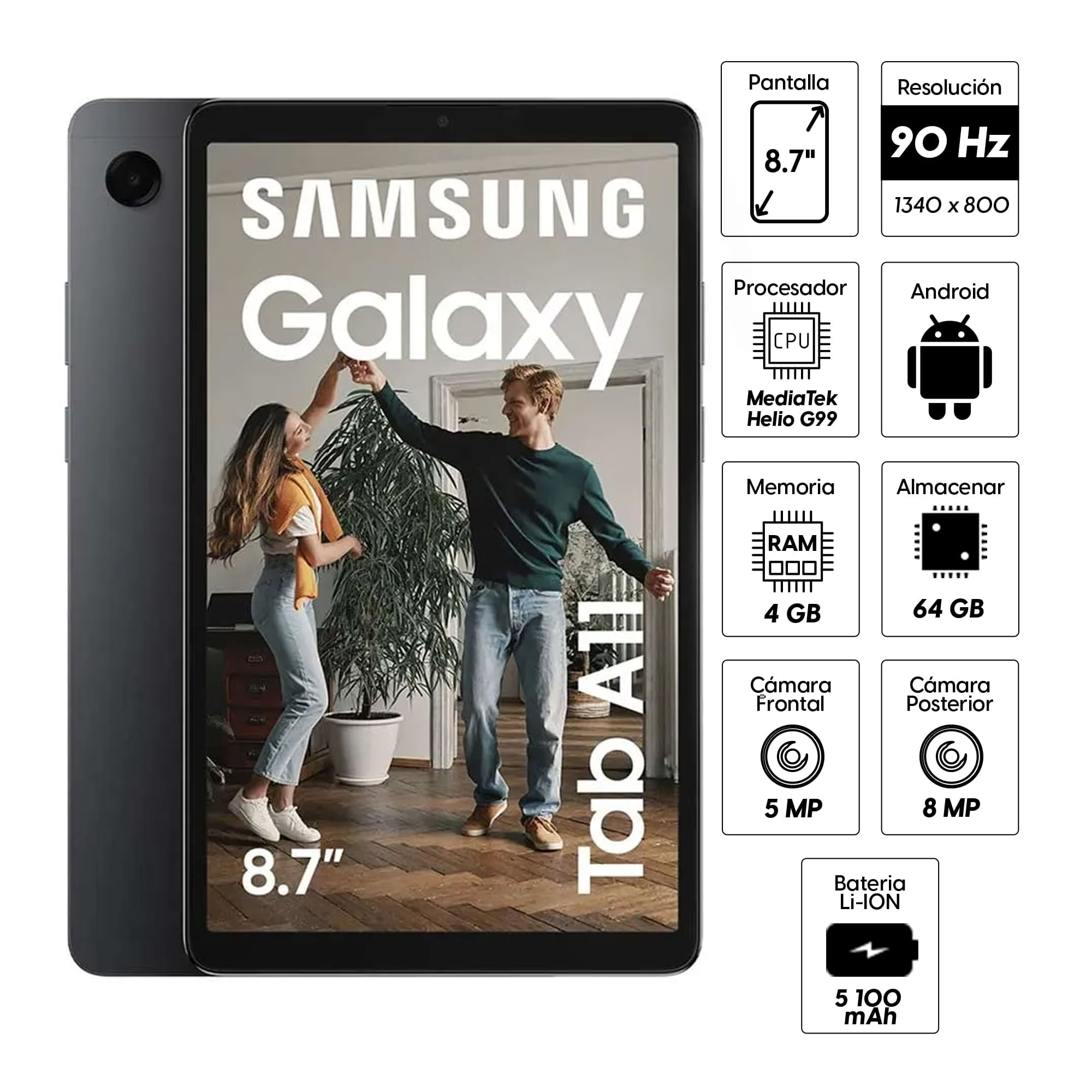 Imagen 2 del producto Tablet Samsung Galaxy Tab A11 8.7"" 64GB, 4GB RAM, cámara principal 8MP y frontal 5MP, 5100 mAh, MediaTek Helio G99, gris
