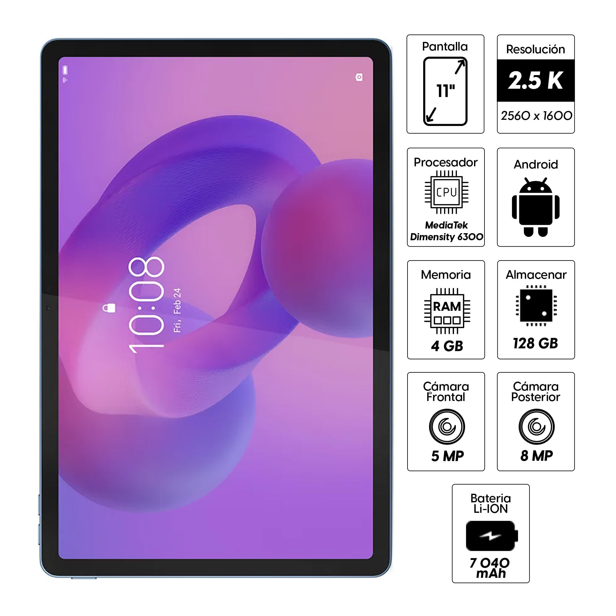 Imagen 2 del producto Tablet Lenovo Idea Tab 11” 128GB, 4GB RAM, cámara principal 8MP y frontal 5MP, 7040 mAh, MediaTek Dimensity 6300, gris + Folio+ Lápiz