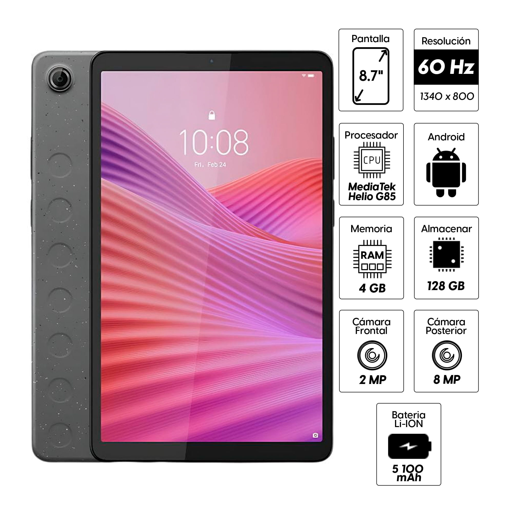 Imagen 2 del producto Tablet Lenovo Tab One 8.7"" 128GB, 4GB RAM, cámara principal 8MP y frontal 2MP, 5100 mAh, MediaTek Helio G85, gris + Folio