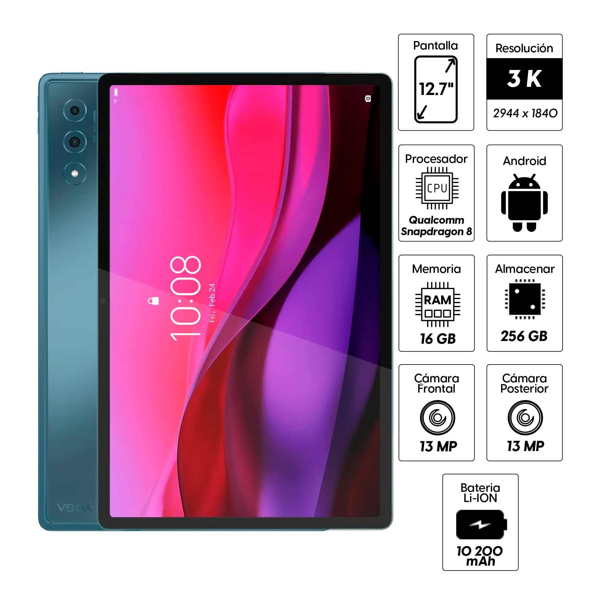 Imagen 2 del producto Tablet Lenovo Yoga Tab Plus 12.7"" 256GB, 16GB RAM, cámara principal 13MP y frontal 13MP, 10200 mAh, Snapdragon 8 + Folio + Lápiz