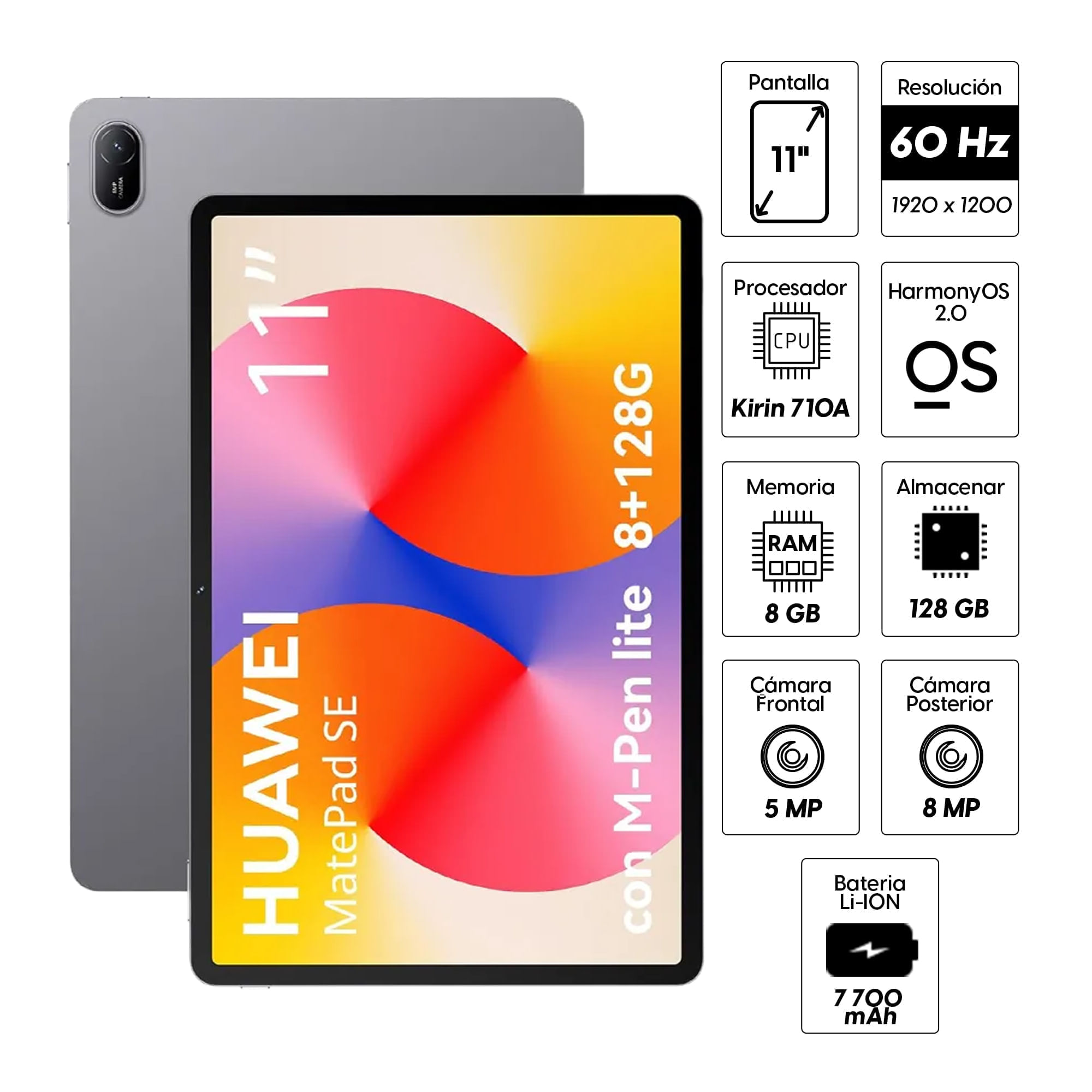 Imagen 2 del producto Tablet Huawei MatePad SE 11"" 128GB, 8GB RAM, cámara principal 8MP y frontal 5MP, 7700 mAh, Kirin 710A, gris + Lápiz