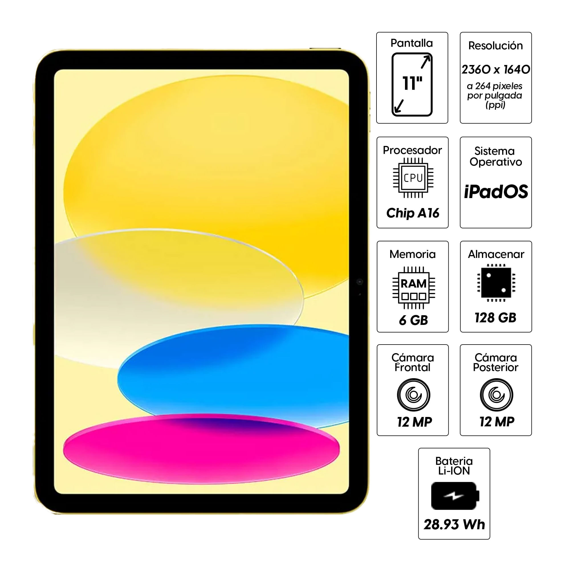 Imagen 2 del producto iPad 11"" 128GB, cámara principal 12MP y frontal 12MP, 28.93 Wh, Chip A16, yellow
