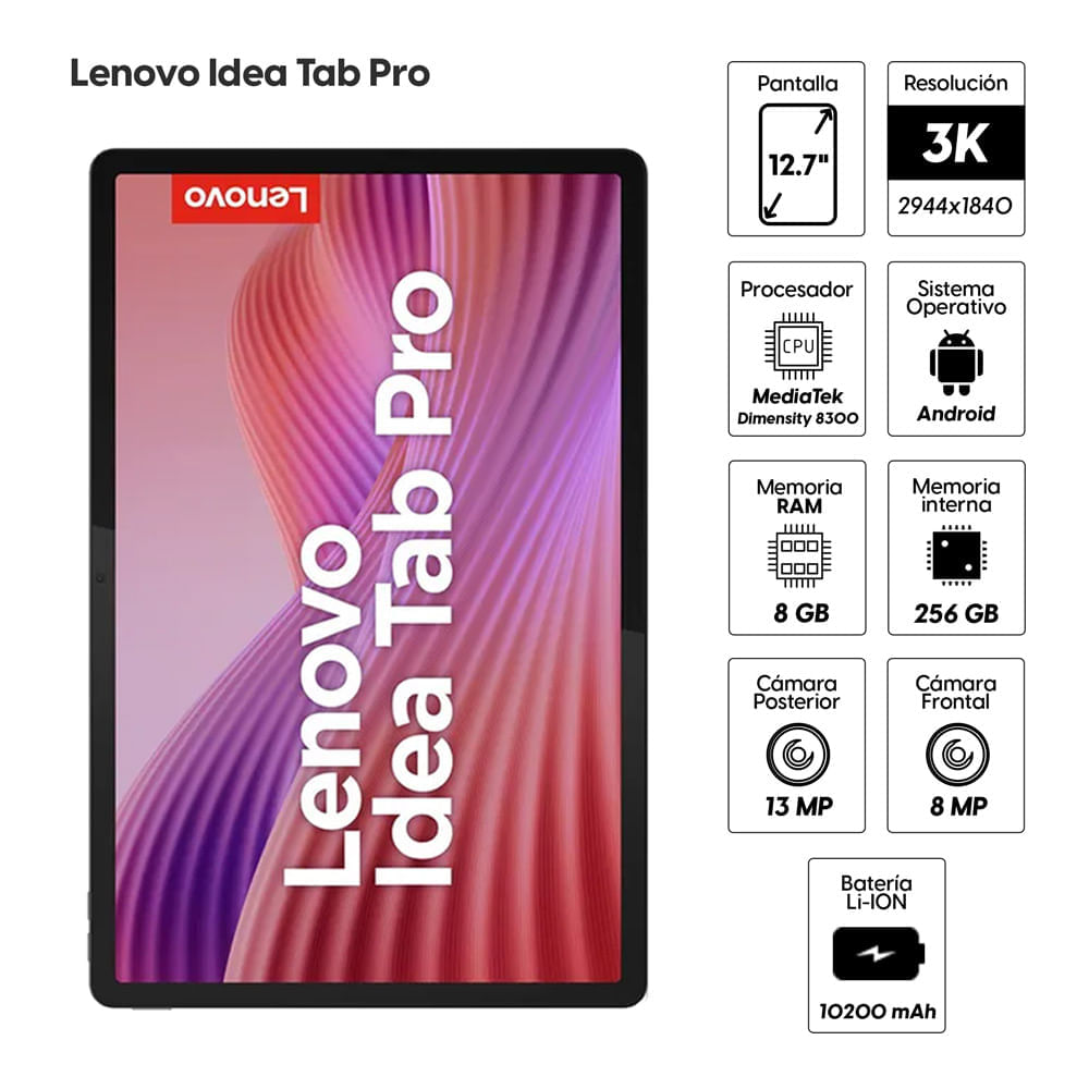 Imagen 2 del producto Tablet Lenovo Idea Tab Pro 12.7"" 256GB, 8GB RAM, cámara principal 13MP y frontal 8MP, 10200 mAh, gris + Teclado + Lapiz + Audífonos