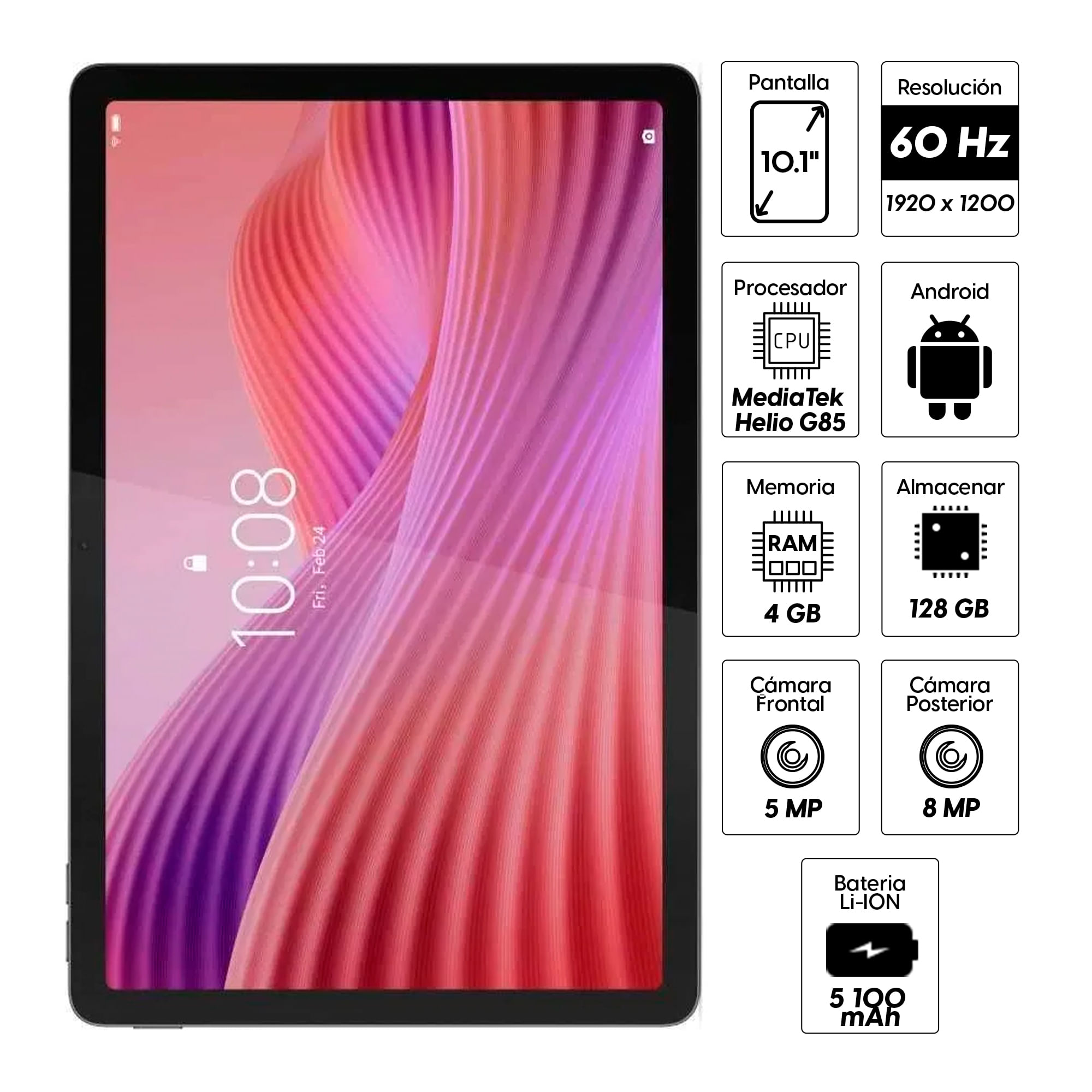 Imagen 2 del producto Tablet Lenovo Tab 10.1"" 128GB, 4GB RAM, cámara principal 8MP y frontal 5MP, 5100 mAh, MediaTek Helio G85, gris + Folio