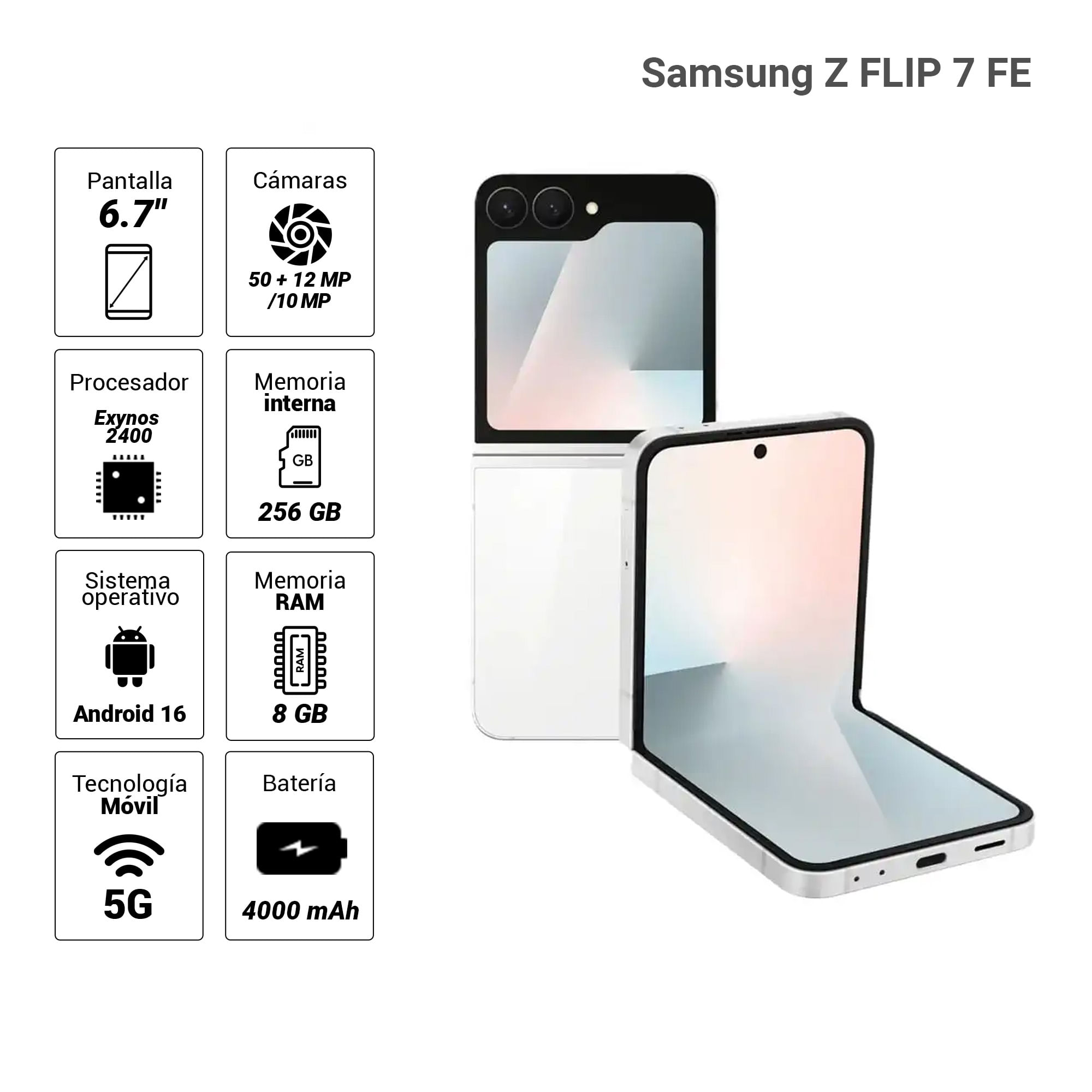 Imagen 2 del producto Celular Samsung Z FLIP 7 FE 5G 256GB, 8GB RAM, cámara trasera 50MP y frontal 10MP, 6.7"", blanco