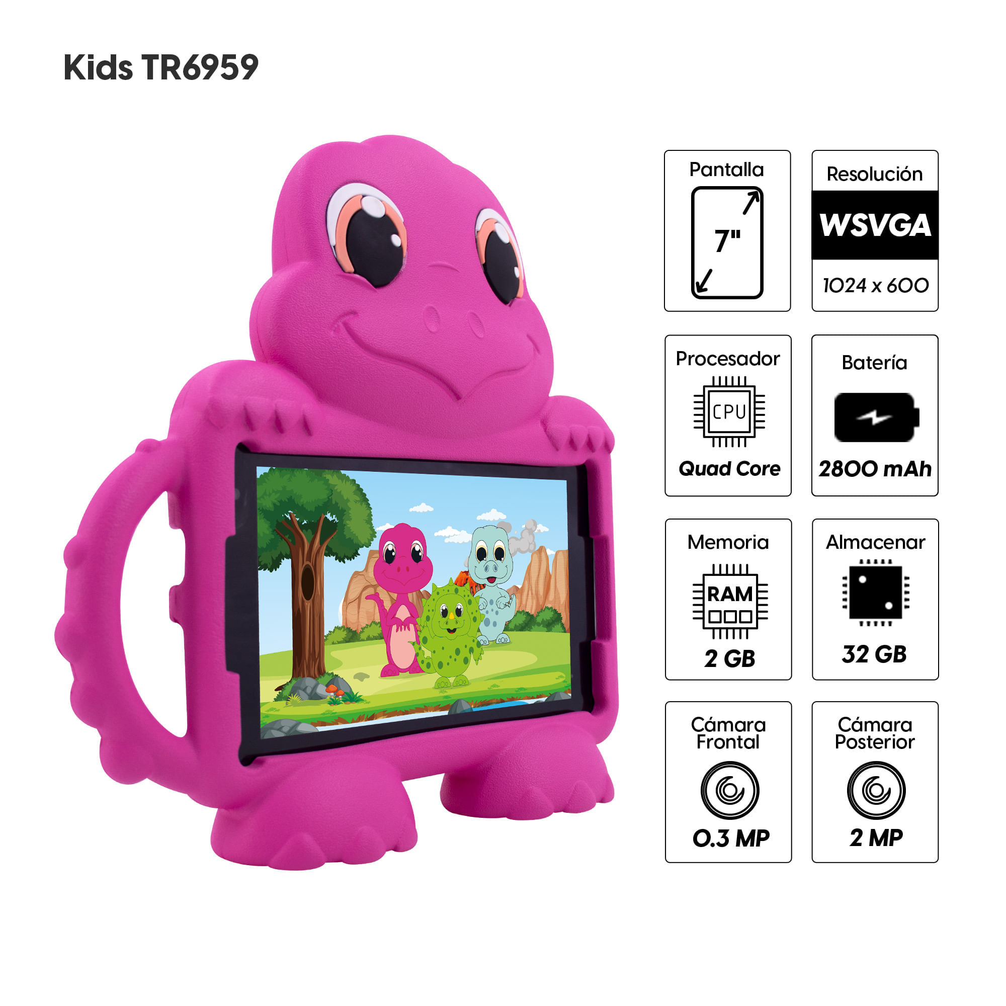 Imagen 2 del producto Tablet Advance Kids TR6959 7"" IPS, 32GB, 2GB RAM, cámara principal 2MP + Cover Dino rosado