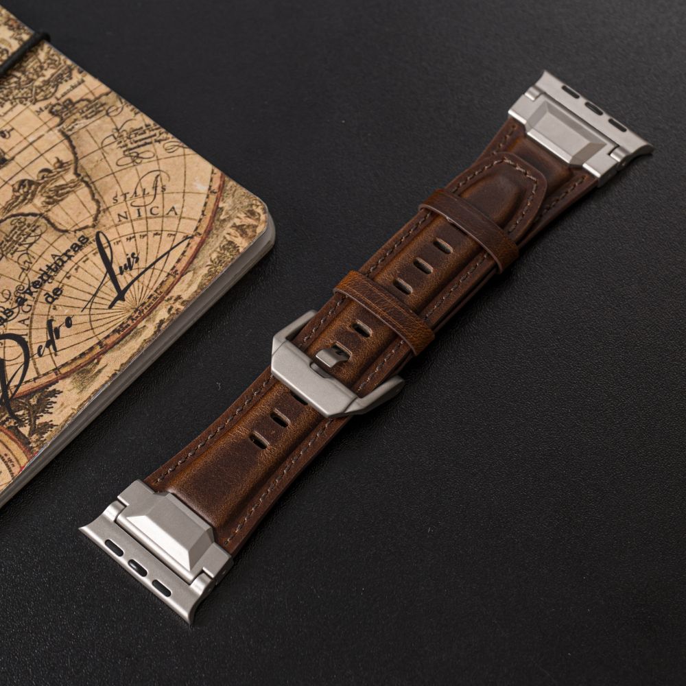 Imagen 2 del producto Correa de cuero Qianxiang para Apple Watch Ultra, hebilla acero inoxidable, titanium brown