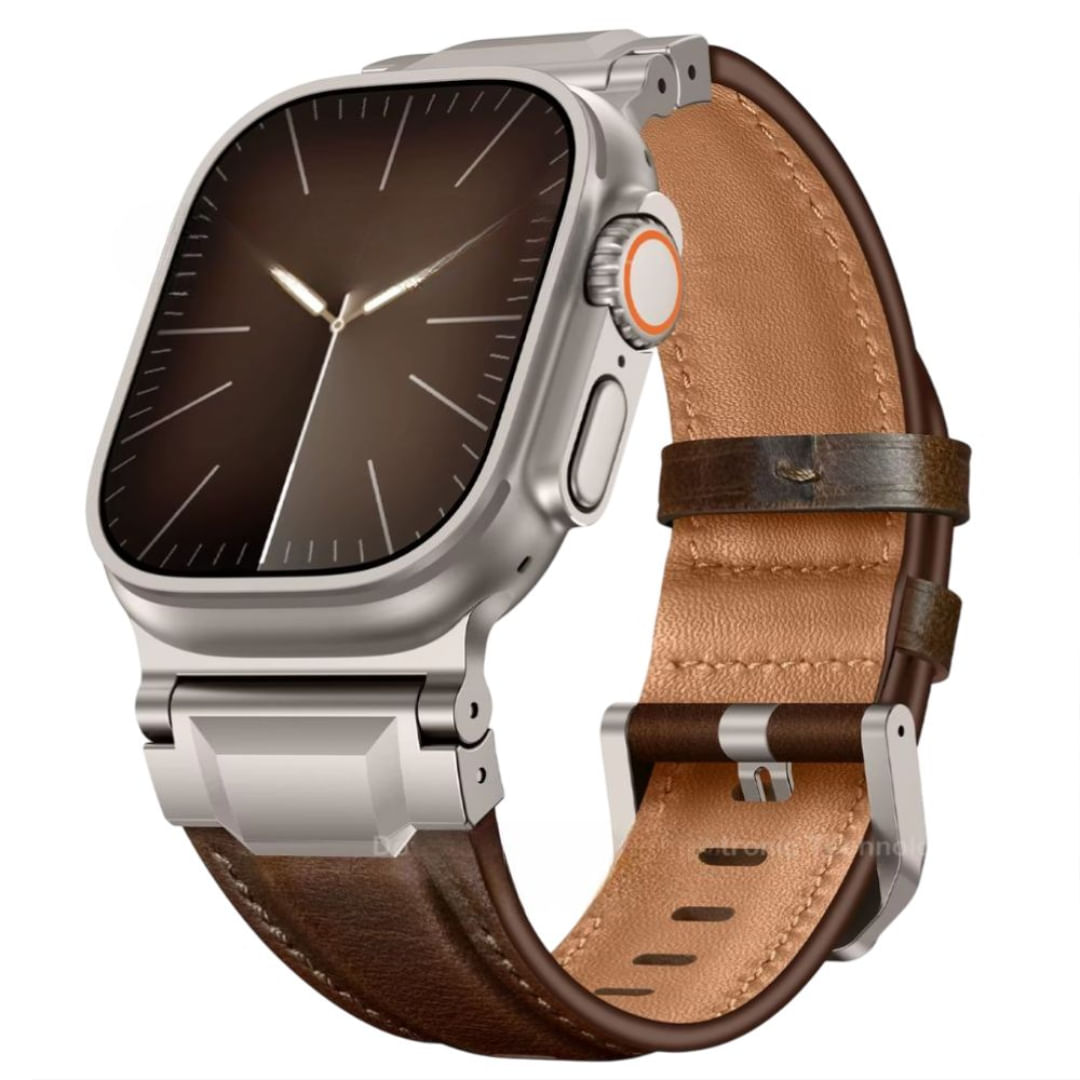 Correa de cuero Qianxiang para Apple Watch Ultra, hebilla acero inoxidable, titanium brown