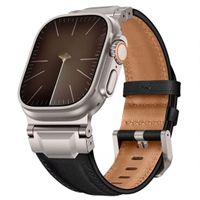 Correa cuero Qianxiang para Apple Watch Ultra, hebilla acero inoxidable, titanium black