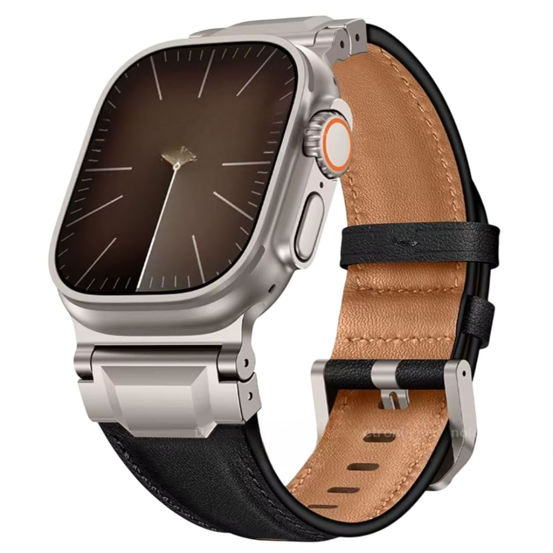 Correa cuero Qianxiang para Apple Watch Ultra, hebilla acero inoxidable, titanium black