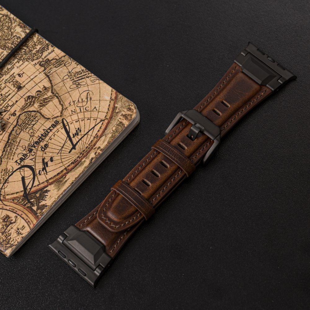 Imagen 2 del producto Correa de cuero Qianxiang, para Apple Watch Ultra, hebilla acero inoxidable, black brown