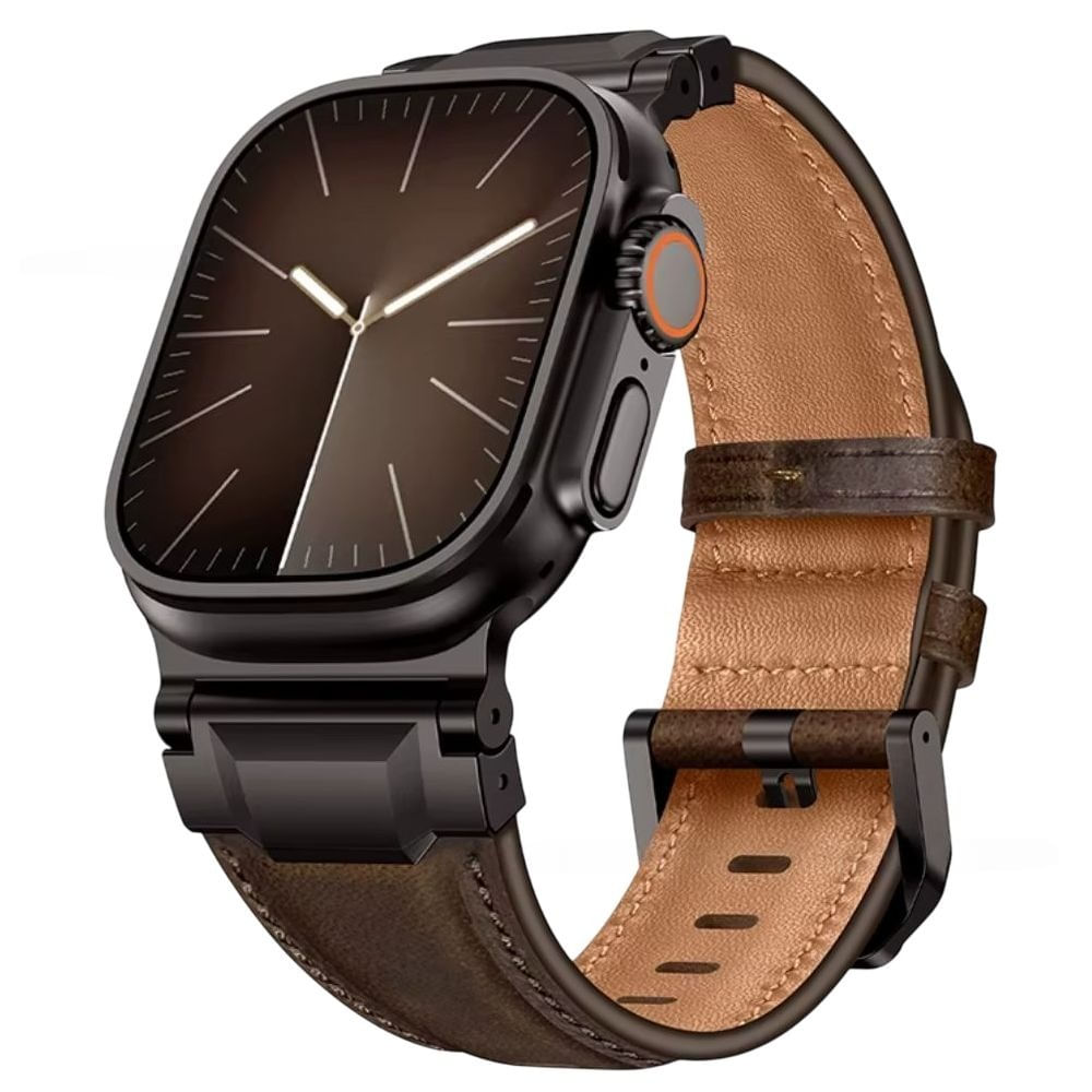 Correa de cuero Qianxiang, para Apple Watch Ultra, hebilla acero inoxidable, black brown