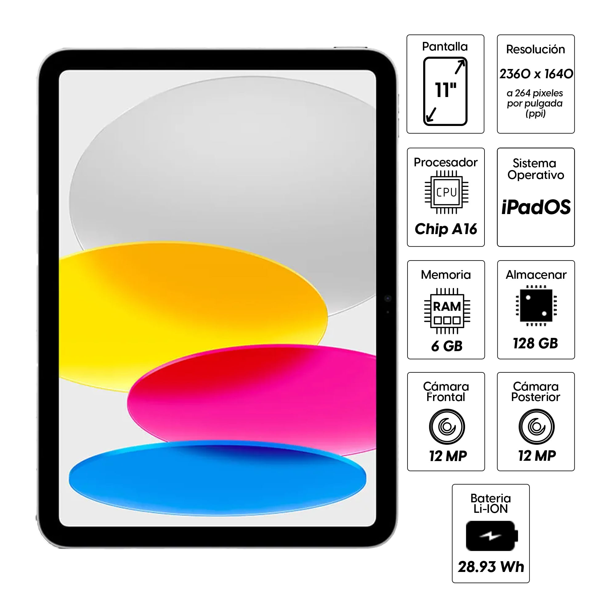 Imagen 2 del producto iPad A16 11"" 128GB, 6GB RAM, cámara principal 12MP y frontal 12MP, Chip A16, silver