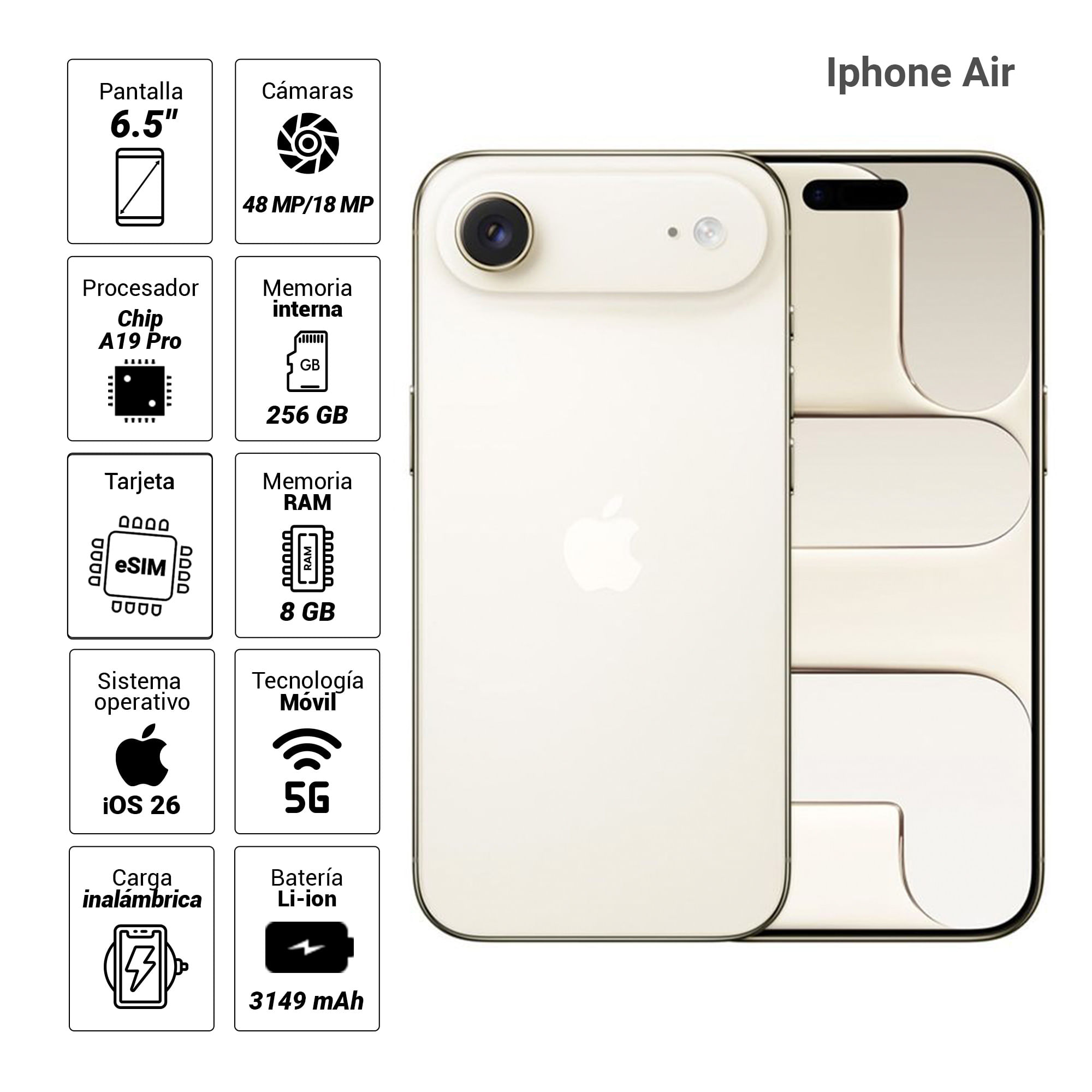 Imagen 2 del producto iPhone Air 5G eSIM, 256GB, 8GB RAM, cámara trasera 48MP y frontal 18MP, 6.5"", dorado