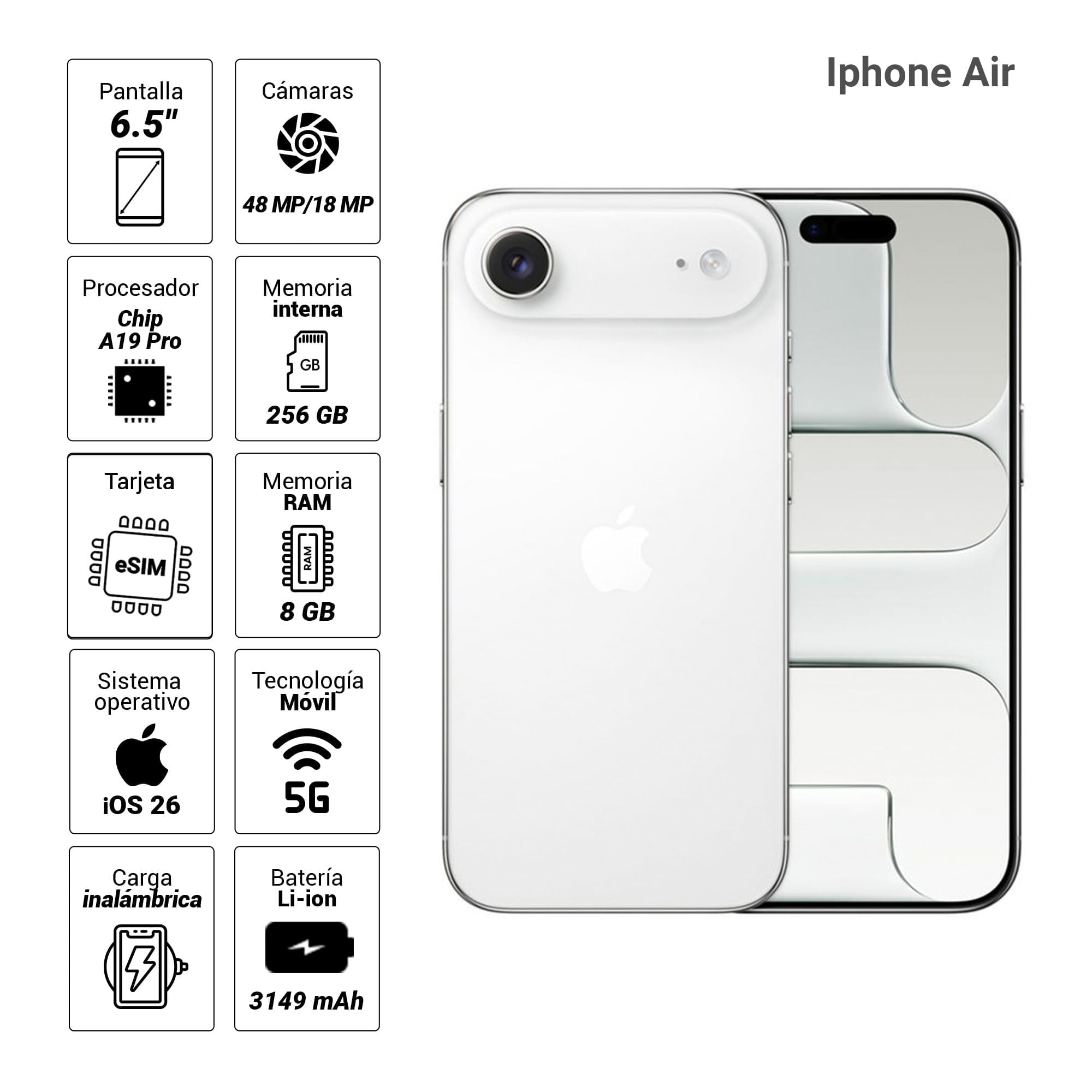 Imagen 2 del producto iPhone Air 5G eSIM, 256GB, 8GB RAM, cámara trasera 48MP y frontal 18MP, 6.5"", blanco