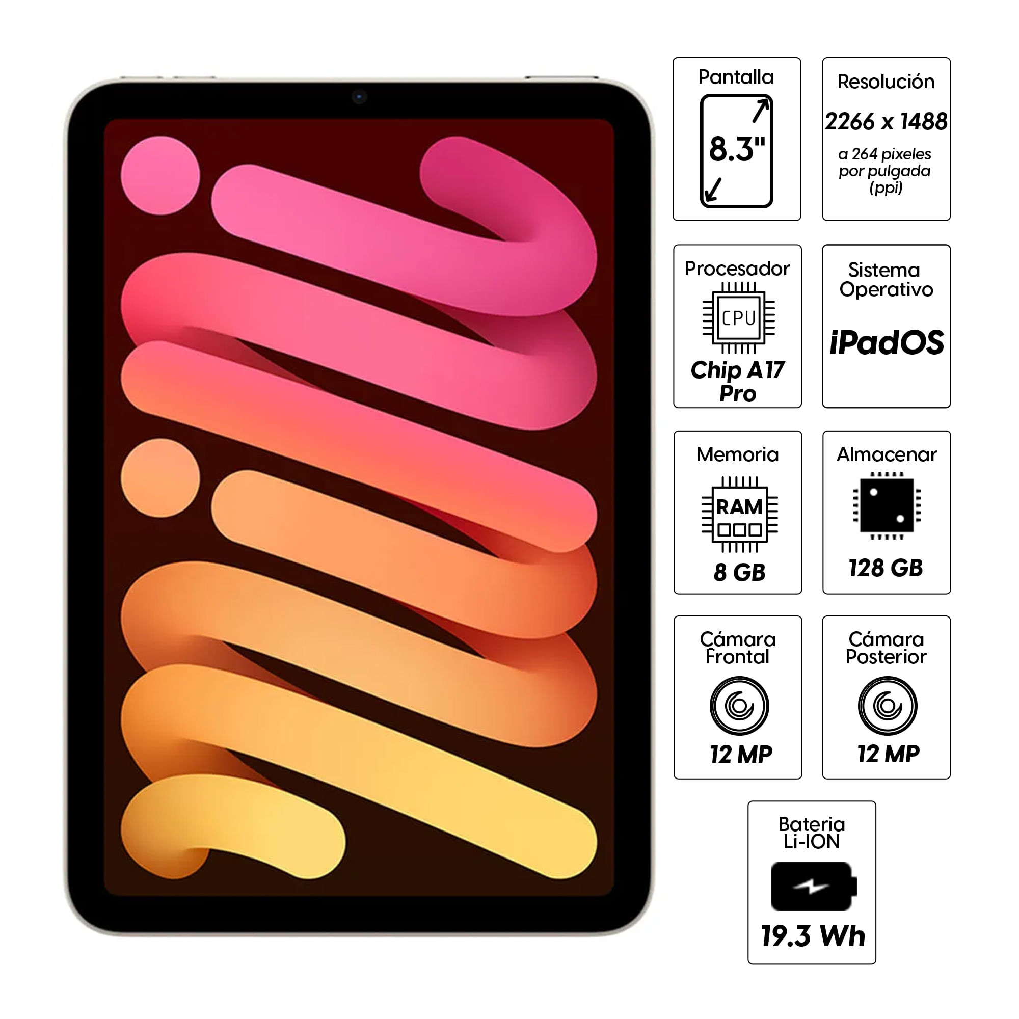 Imagen 2 del producto iPad Mini (7ma Gen) 8.3"" 128GB, cámara principal 12MP y frontal 12MP, 19.3 Wh, Chip A17 Pro, starlight