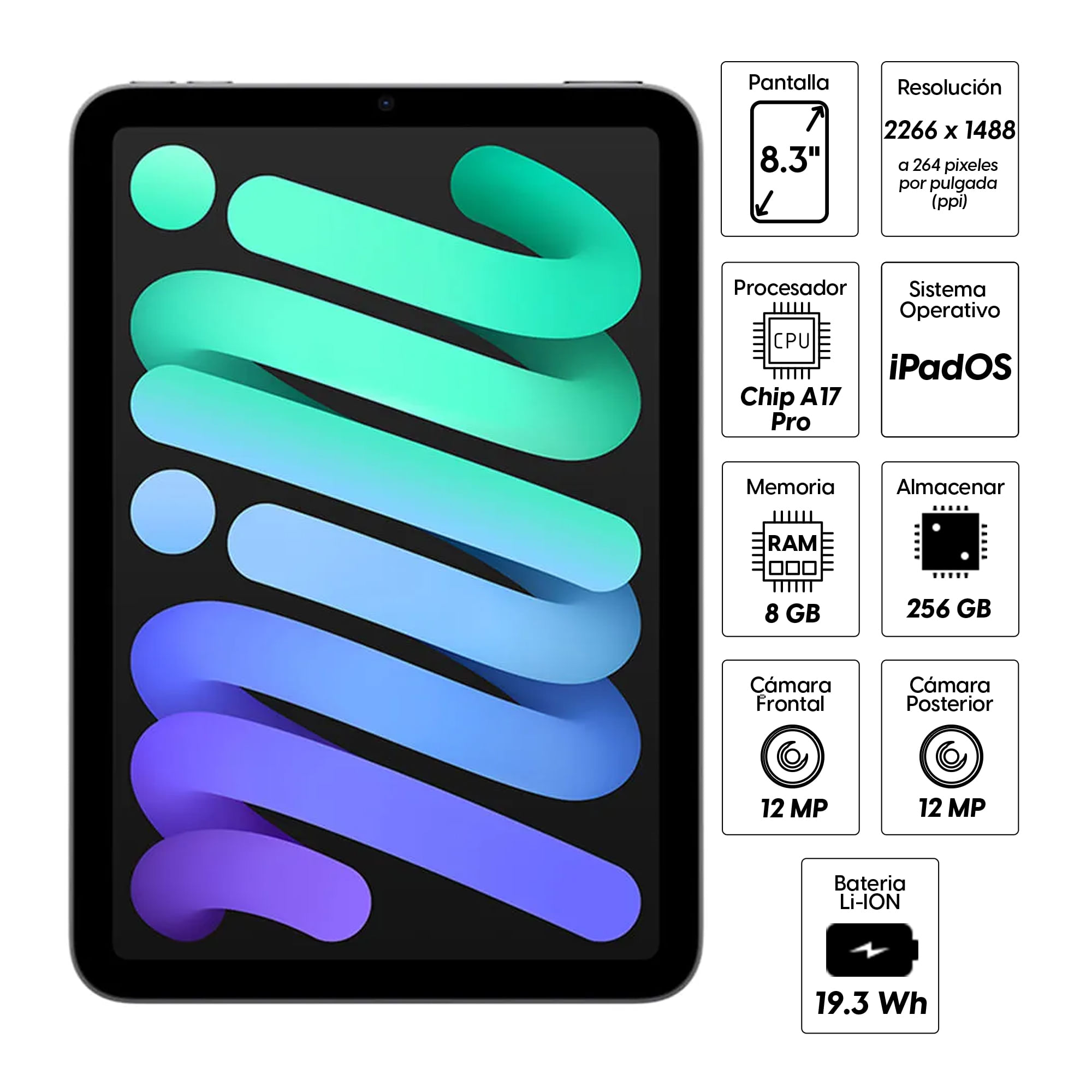 Imagen 2 del producto iPad Mini (7ma Gen) 8.3"" 256GB, cámara principal 12MP y frontal 12MP, 19.3 Wh, Chip A17 Pro, space gray