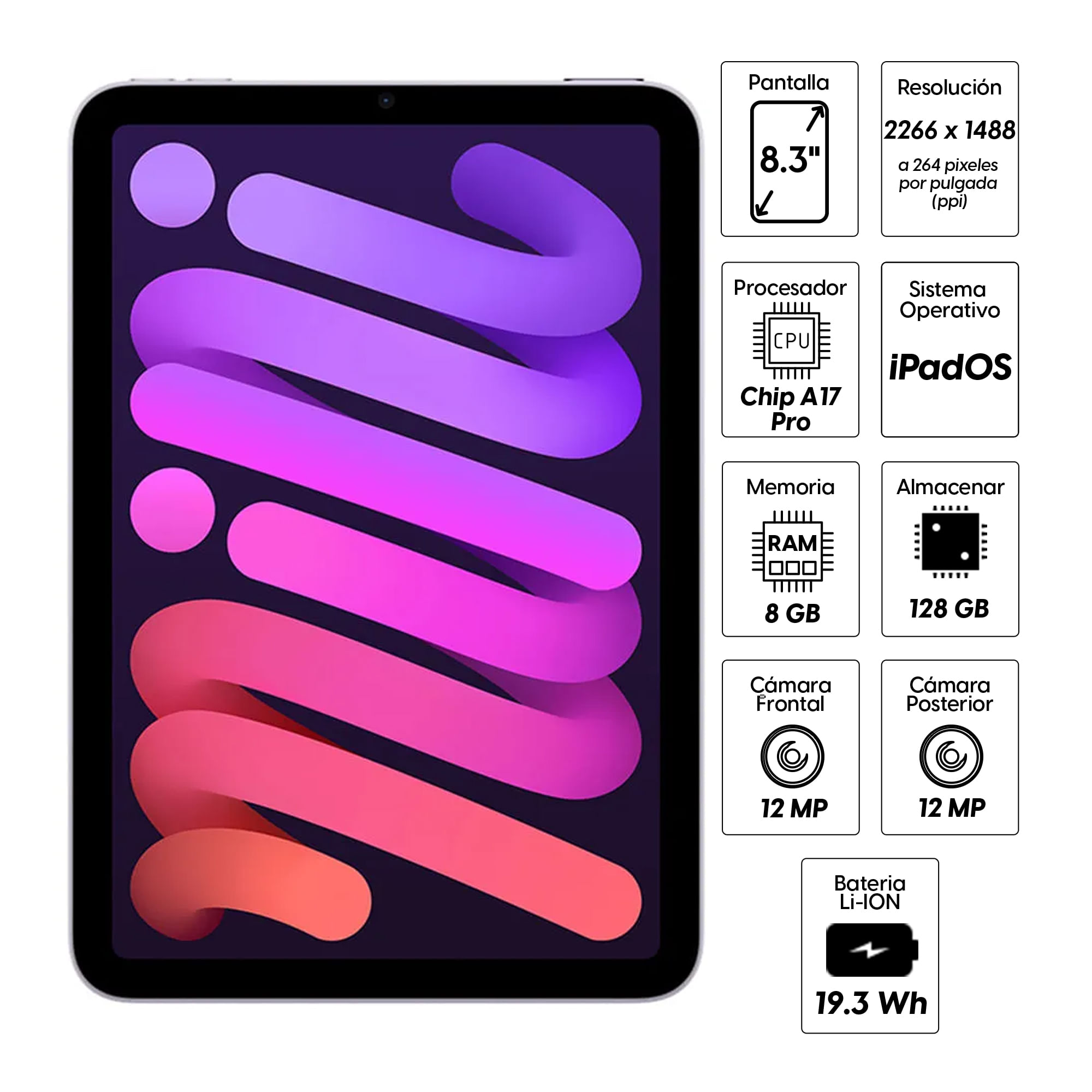 Imagen 2 del producto iPad Mini (7ma Gen) 8.3"" 128GB, cámara principal 12MP y frontal 12MP, 19.3 Wh, Chip A17 Pro, purple