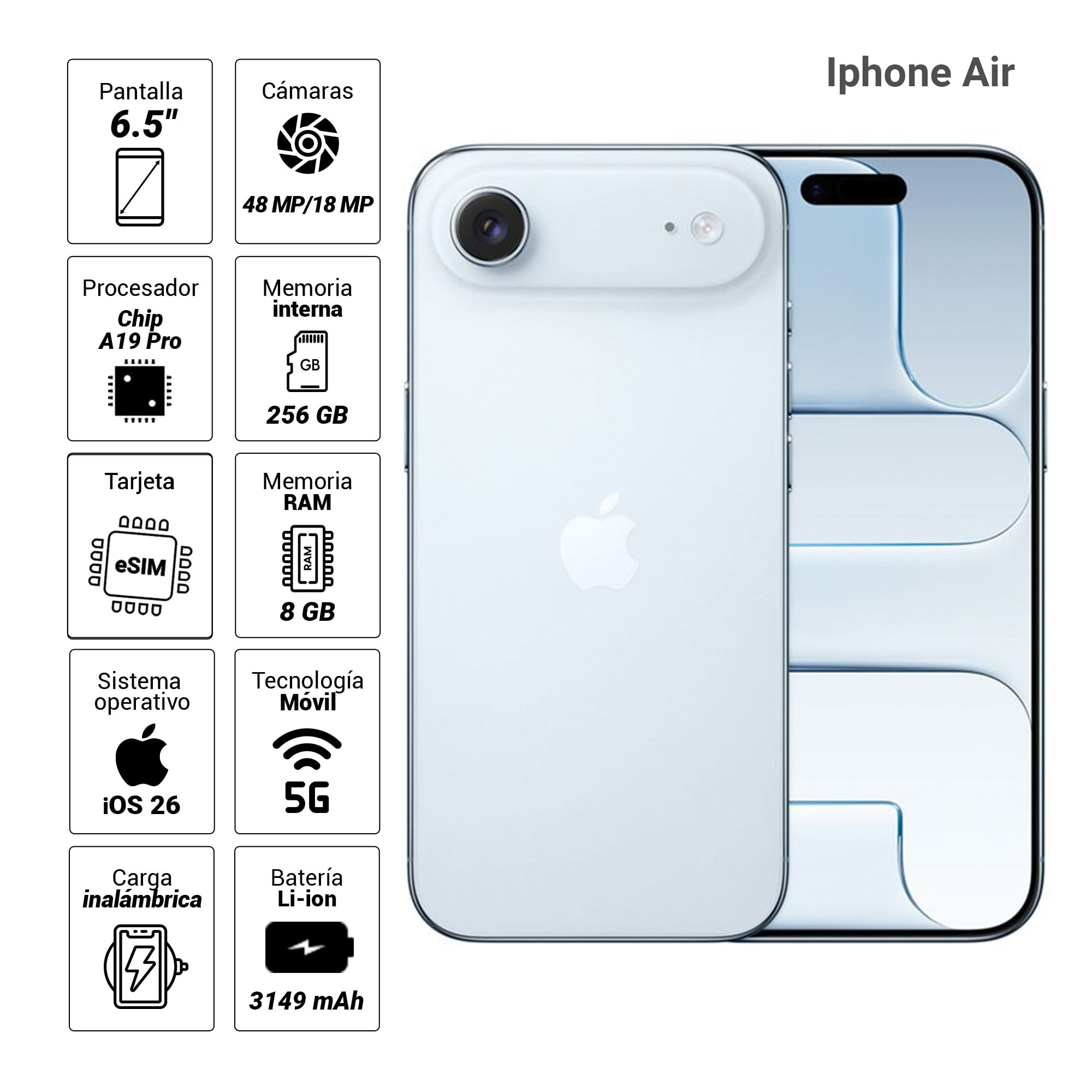 Imagen 2 del producto iPhone Air 5G eSIM 256GB, 8GB RAM, cámara trasera 48MP y frontal 18MP, 6.5"", azul