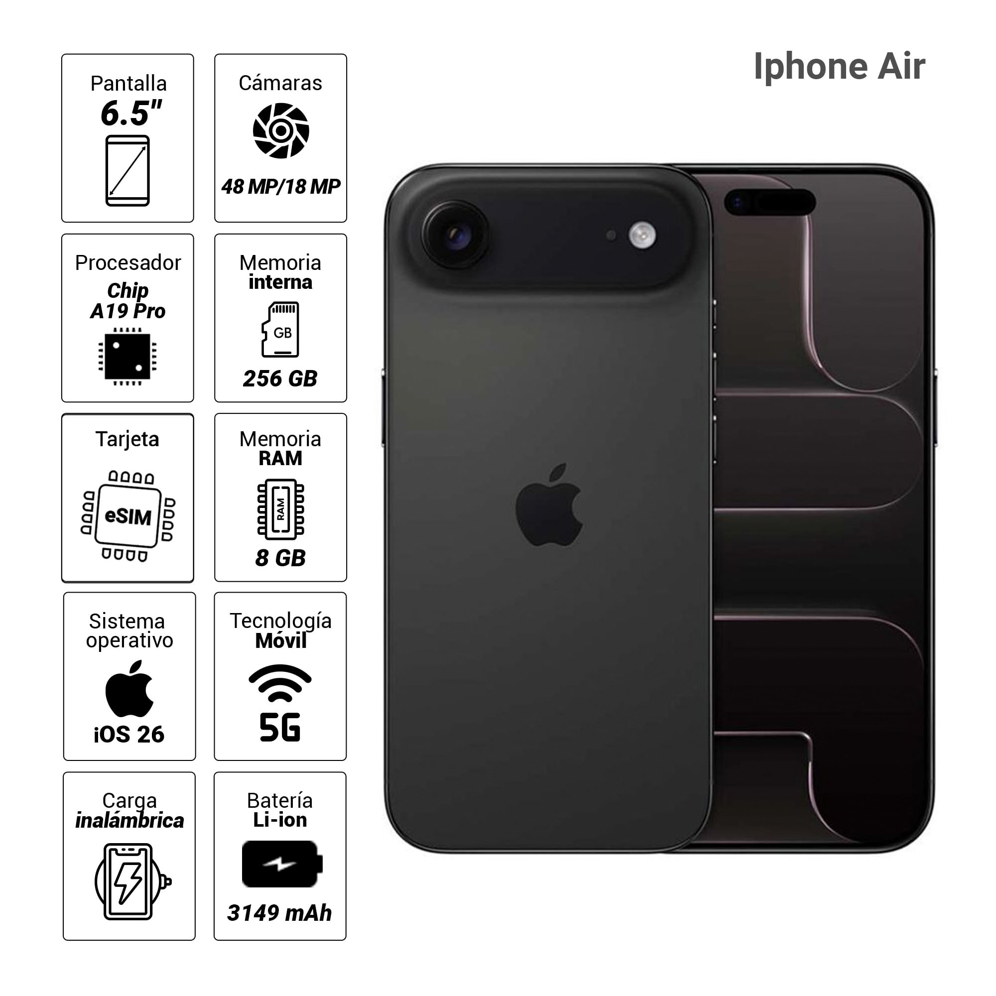 Imagen 2 del producto iPhone Air 5G eSIM, 256GB, 8GB RAM, cámara trasera 48MP y frontal 18MP, 6.5"", negro