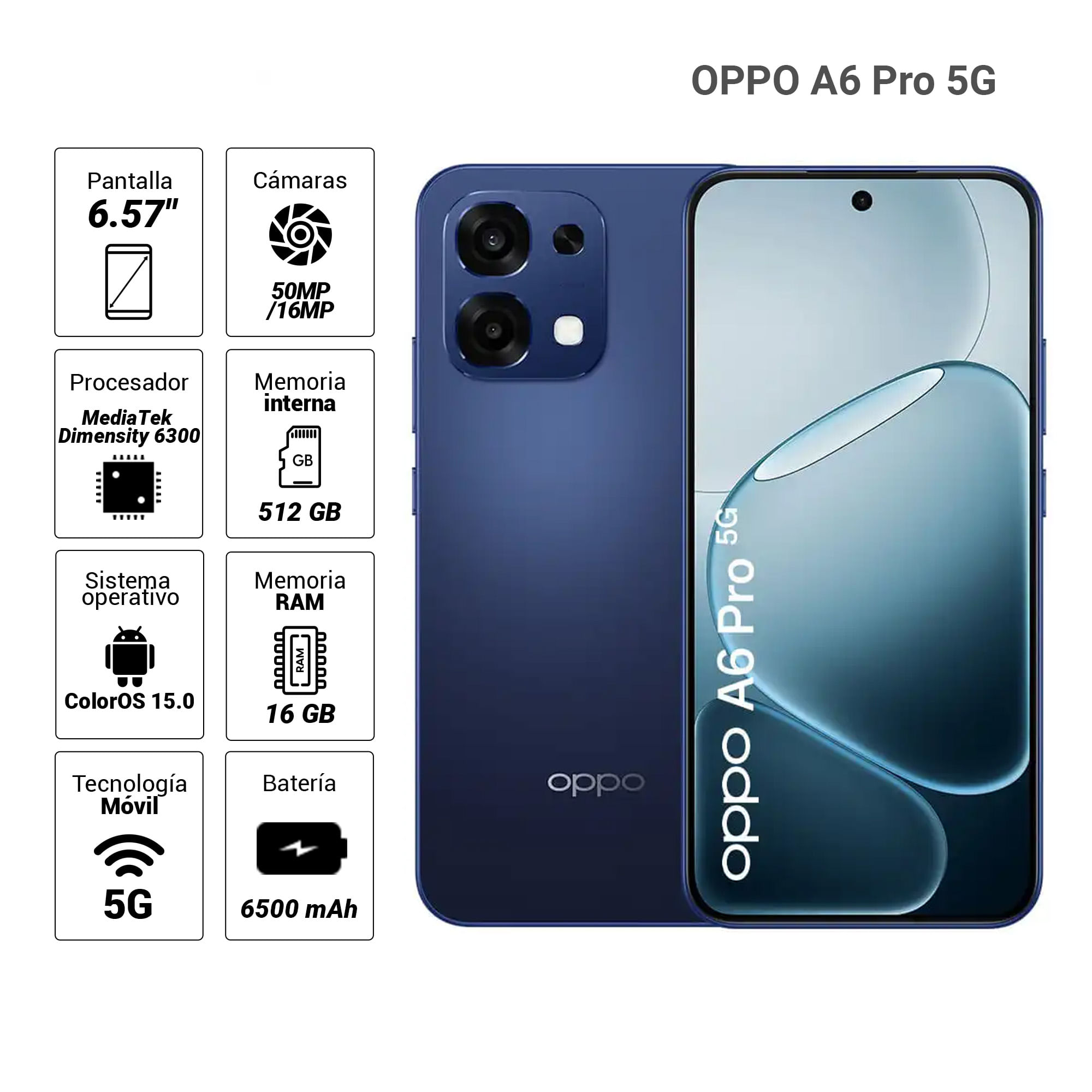 Imagen 2 del producto Celular OPPO A6 Pro 5G 256GB, 8+8GB RAM, cámara trasera 50MP y frontal 16MP, 6.57"", azul estelar