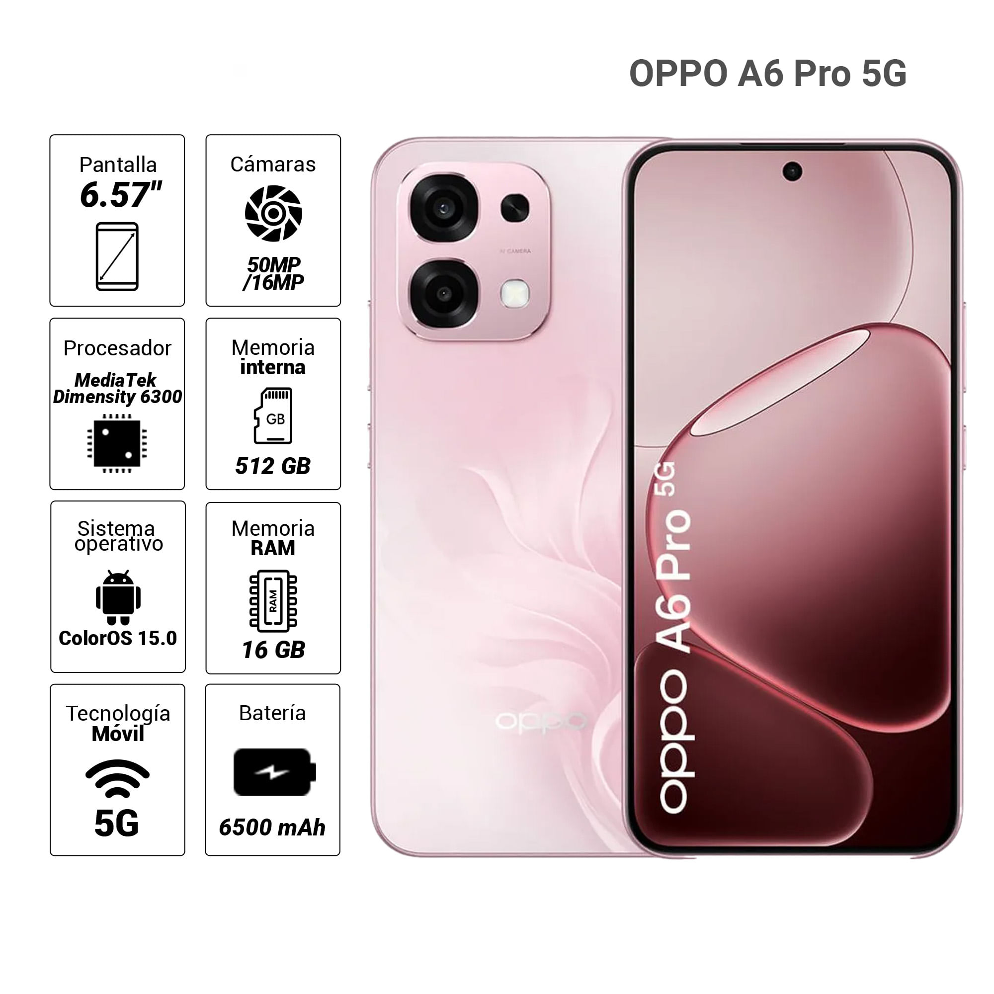 Imagen 2 del producto Celular OPPO A6 Pro 5G 256GB, 8+8GB RAM, batería 6500mAh, cámara trasera 50MP y frontal 16MP, 6.57"", rosa coral