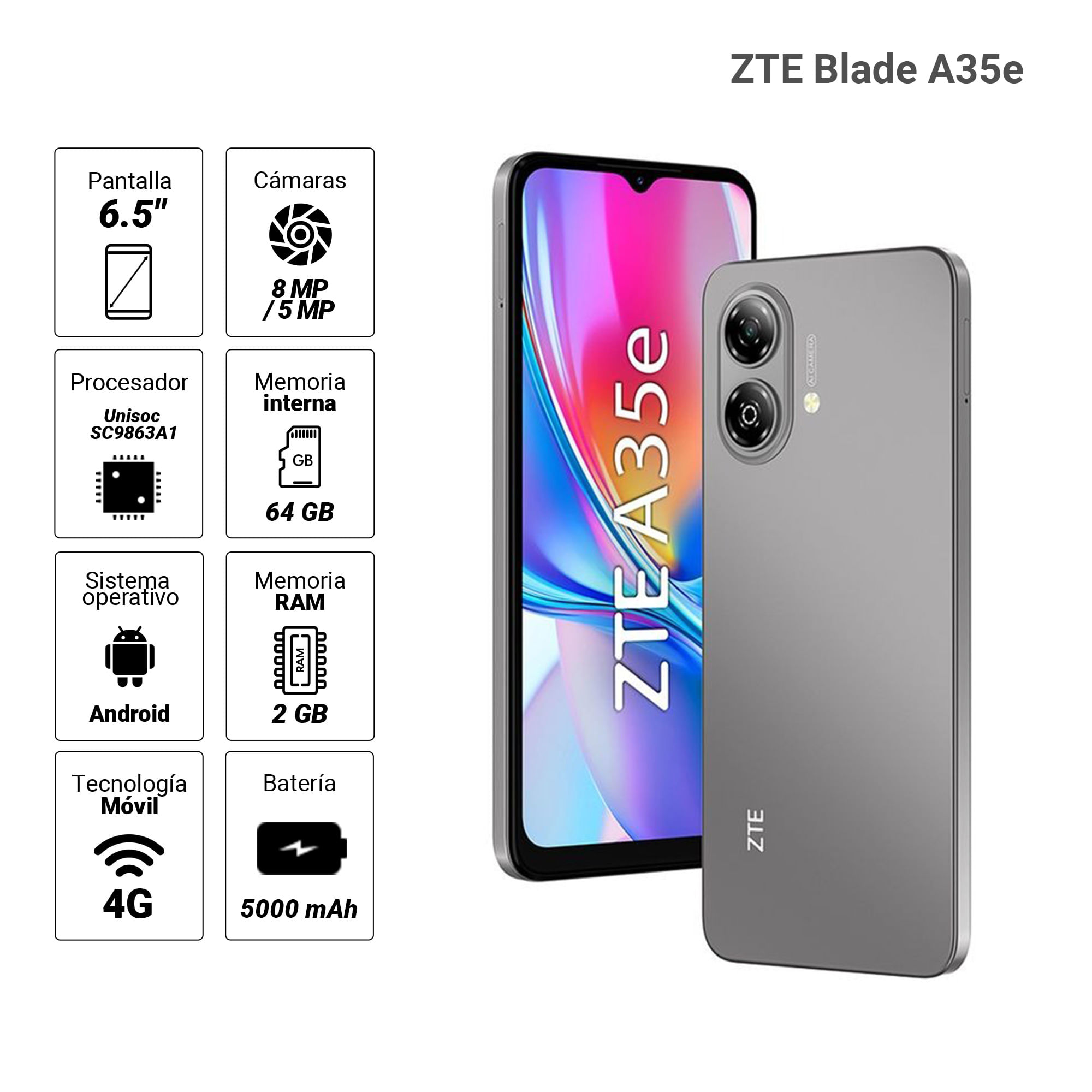 Imagen 2 del producto Celular ZTE Blade A35e 64GB, 2GB RAM, cámara trasera 8MP y frontal 5MP, 6.52"" gris