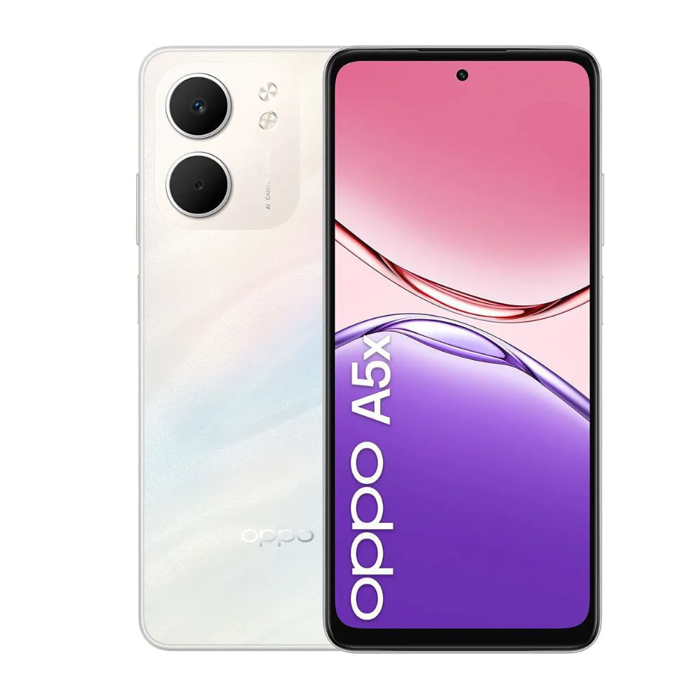 Celular OPPO A5x 128GB, 4GB RAM, cámara trasera 32MP y frontal 5MP, 6.67", blanco