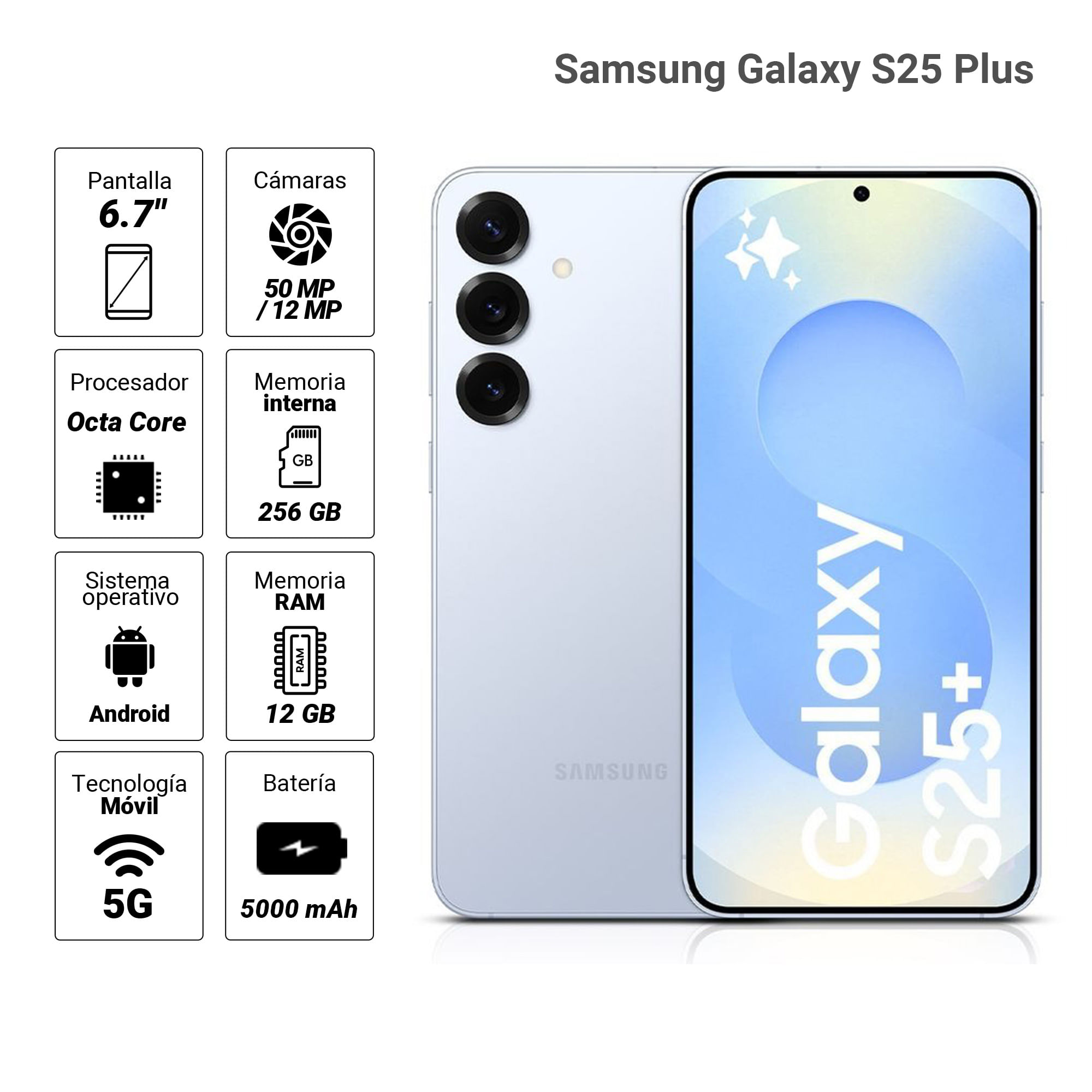 Imagen 2 del producto Celular Samsung Galaxy S25 Plus 5G 256GB, 12GB RAM, cámara trasera 50MP y frontal 12MP, 6.7'', azul claro