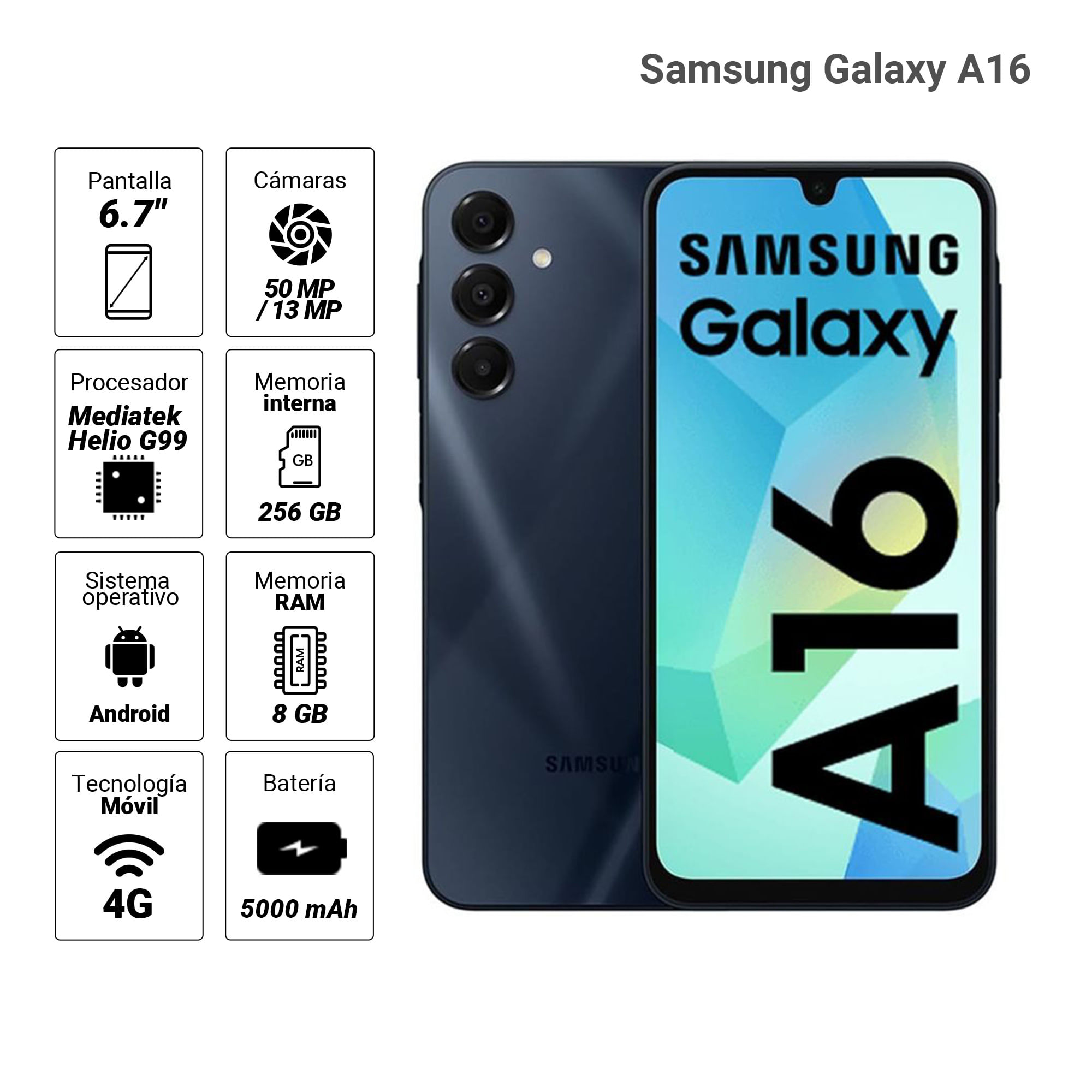 Imagen 2 del producto Celular Samsung Galaxy A16 4G 256GB, 8GB RAM, cámara trasera 50MP y frontal 13MP, 6.7"", negro