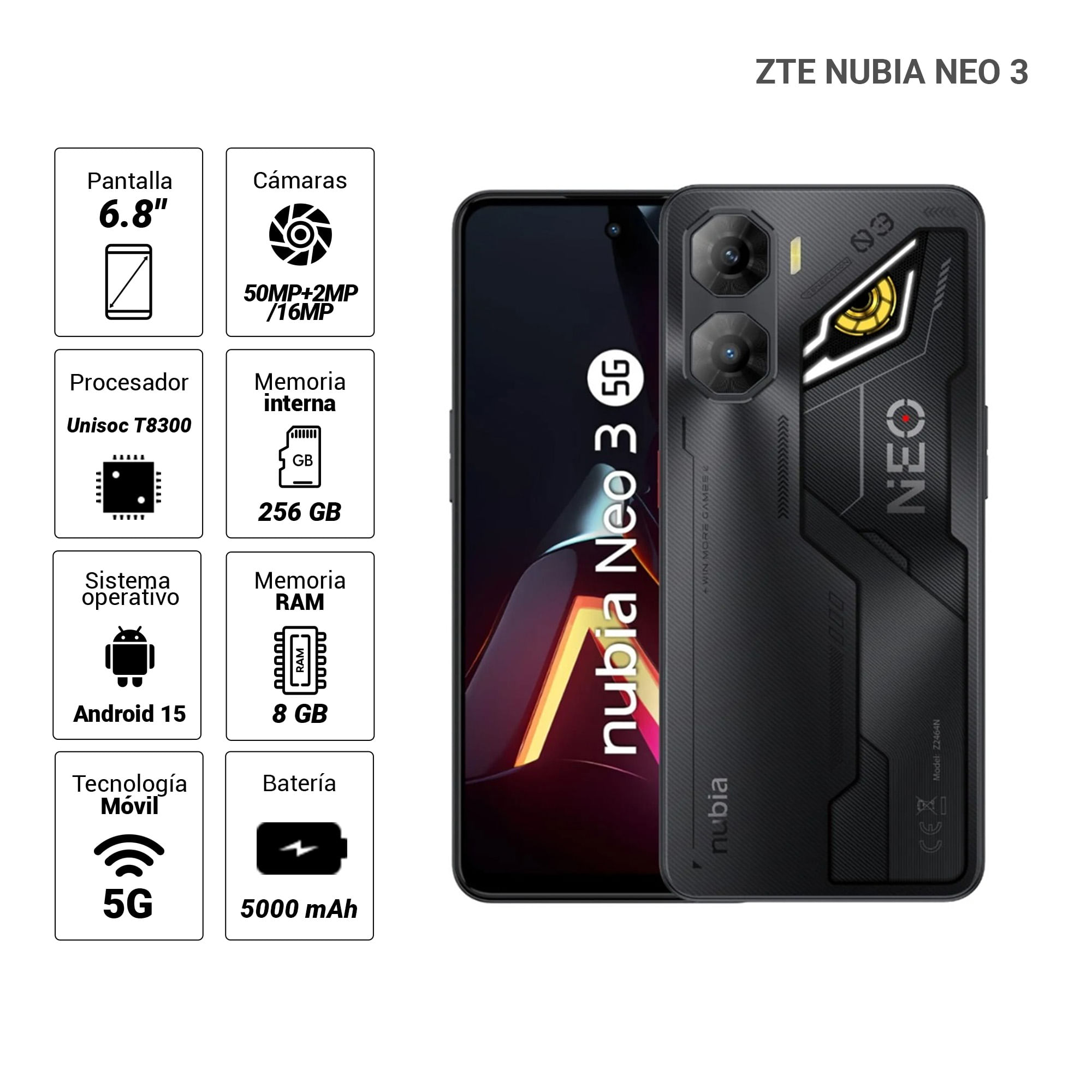 Imagen 2 del producto Celular ZTE Nubia Neo 3 5G, 256GB, 8GB RAM, cámara trasera 50MP y frontal 16MP, 6.8"", negro + Gamepad 2
