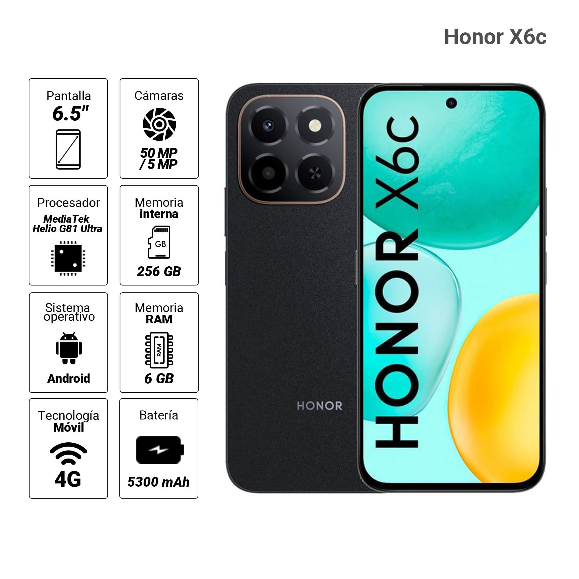 Imagen 2 del producto Celular Honor X6C 4G, 256GB, 6GB RAM, cámara trasera 50MP y frontal 5MP, 6.61"", negro