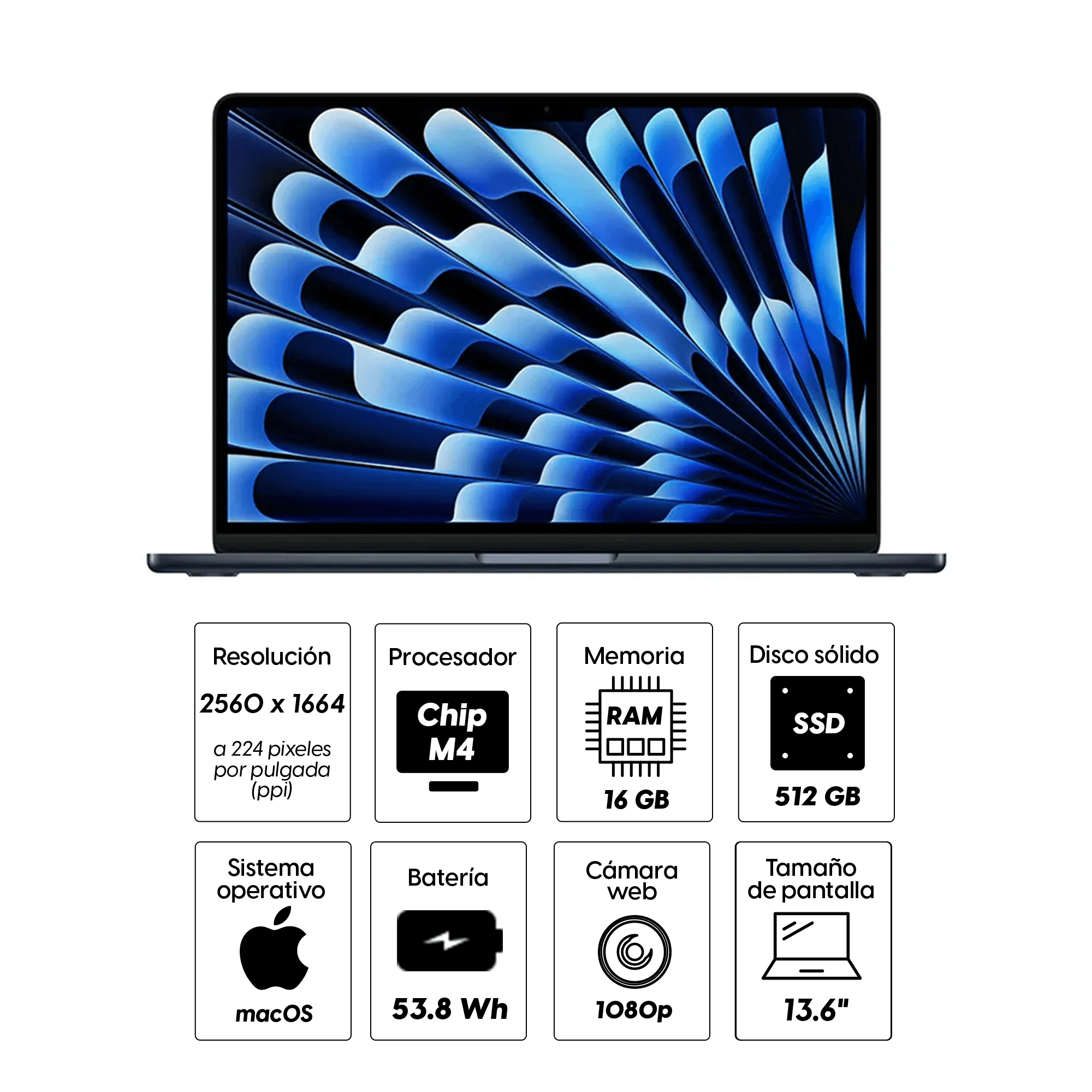 Imagen 2 del producto MacBook Air 13"" Chip M4, CPU 10 núcleos, GPU de 10 núcleos, 512GB SSD, 16GB RAM, macOS, midnight
