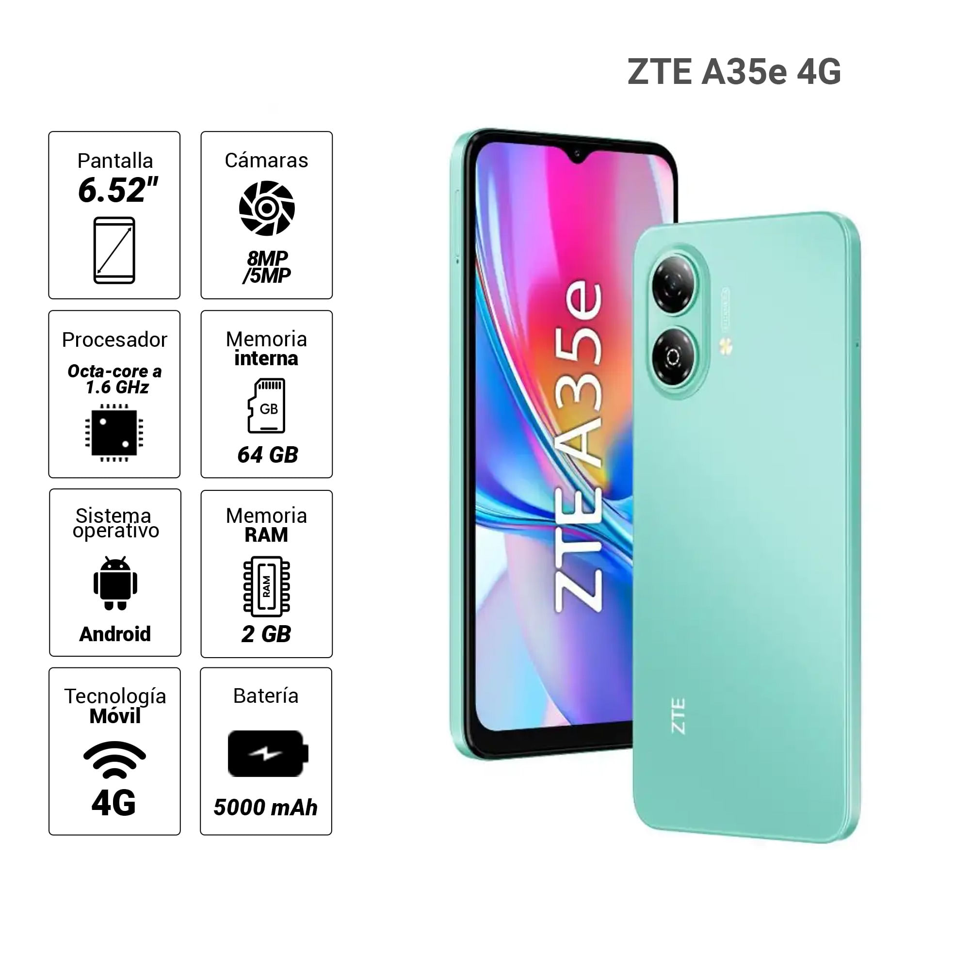 Imagen 2 del producto Celular ZTE A35e 4G, 64GB, 2GB RAM, cámara trasera 8MP y frontal 5MP, 6.52"", verde