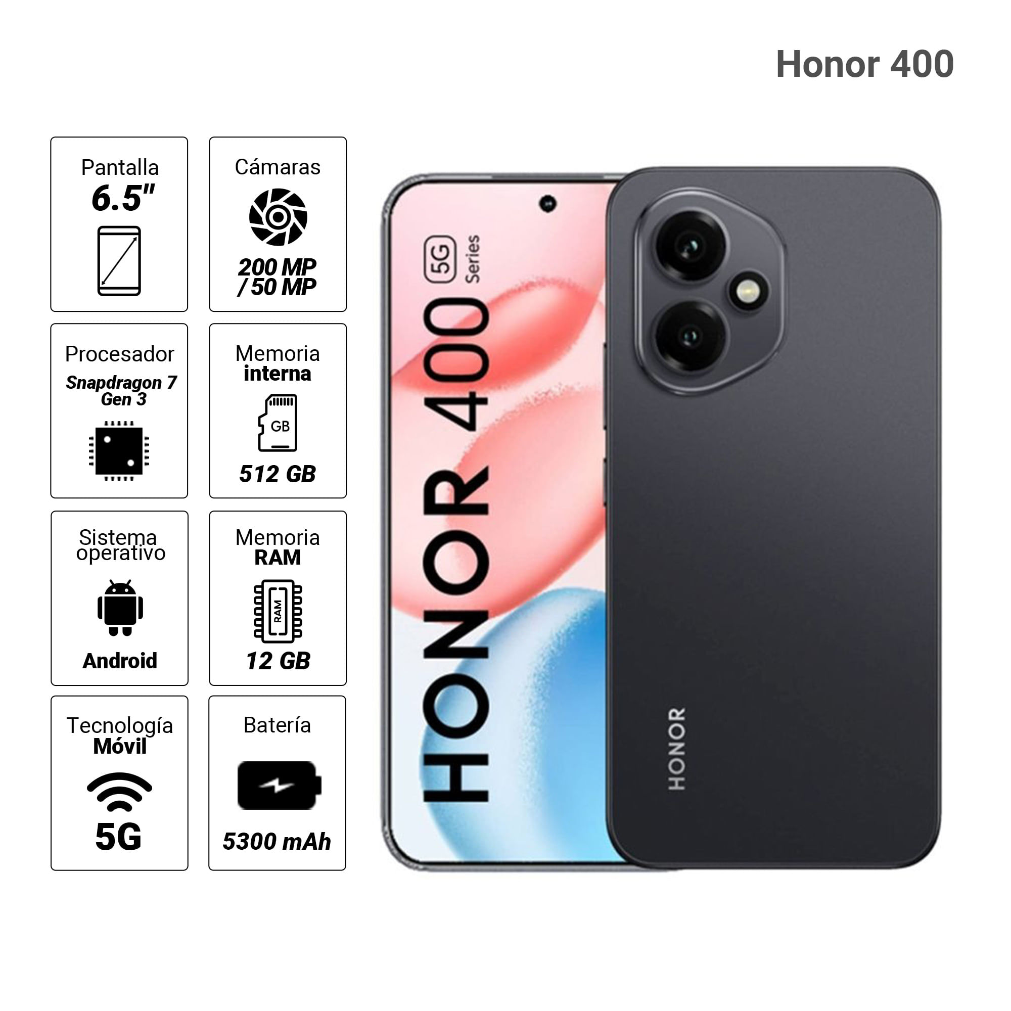 Imagen 2 del producto Celular Honor 400 5G 512GB, 12GB RAM, cámara trasera 200MP y frontal 50MP, 6.55"", negro + Cargador/Case de regalo + SmartWatch 2i