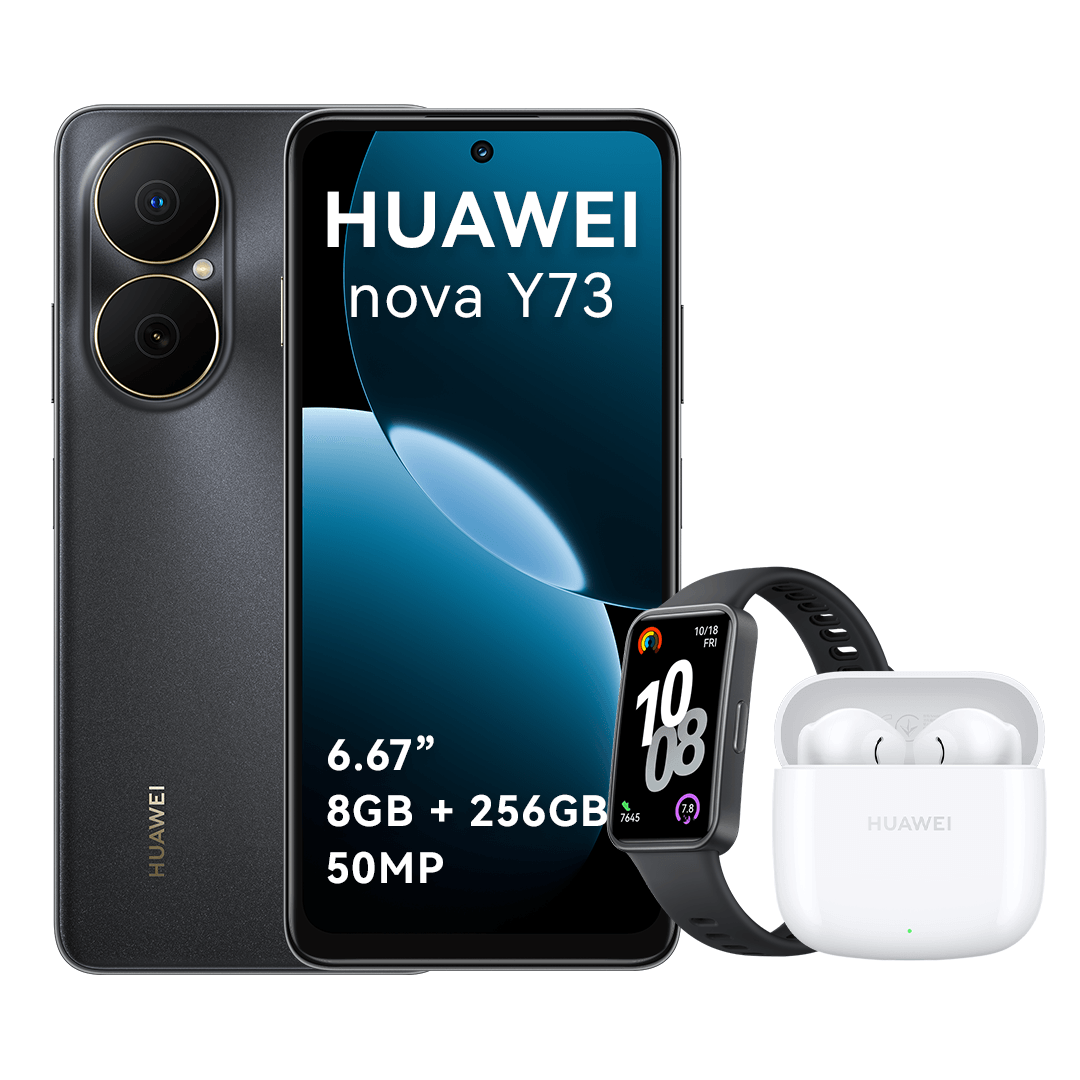 Combo: Celular Huawei Nova Y73 256GB, 8GB RAM, cámara trasera 50MP y frontal 8MP, 6.67", negro + Band 10 + FreeBuds SE 2