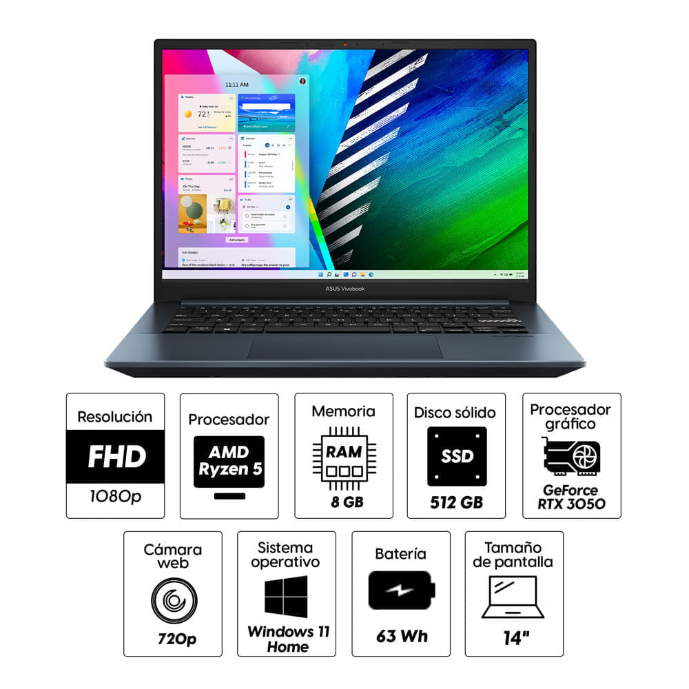 Imagen 2 del producto Laptop gamer Asus M3401QC-KM160W 14"" AMD Ryzen R5-5600H, 512GB SSD, 8GB RAM, GeForce RTX 3050, Win11, azul + Mochila de regalo