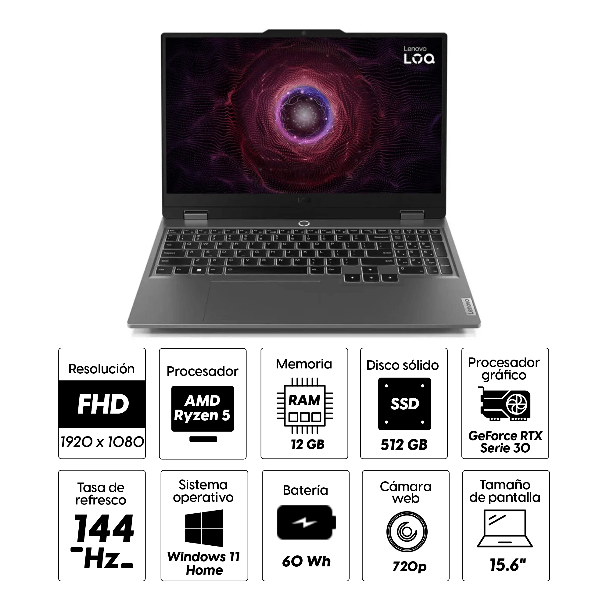Imagen 2 del producto Laptop gamer Lenovo LOQ 15ARP9 15.6"" AMD Ryzen 5-7235HS, 512GB SSD, 12GB RAM, GeForce RTX 3050, Win11, gris