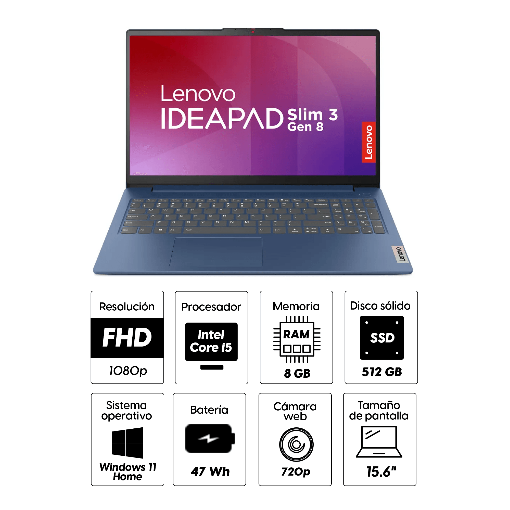 Imagen 2 del producto Laptop Lenovo ideaPad Slim 3 15.6"" Intel Core i5-12450H, 512GB SSD, 8GB RAM, Win11, azul