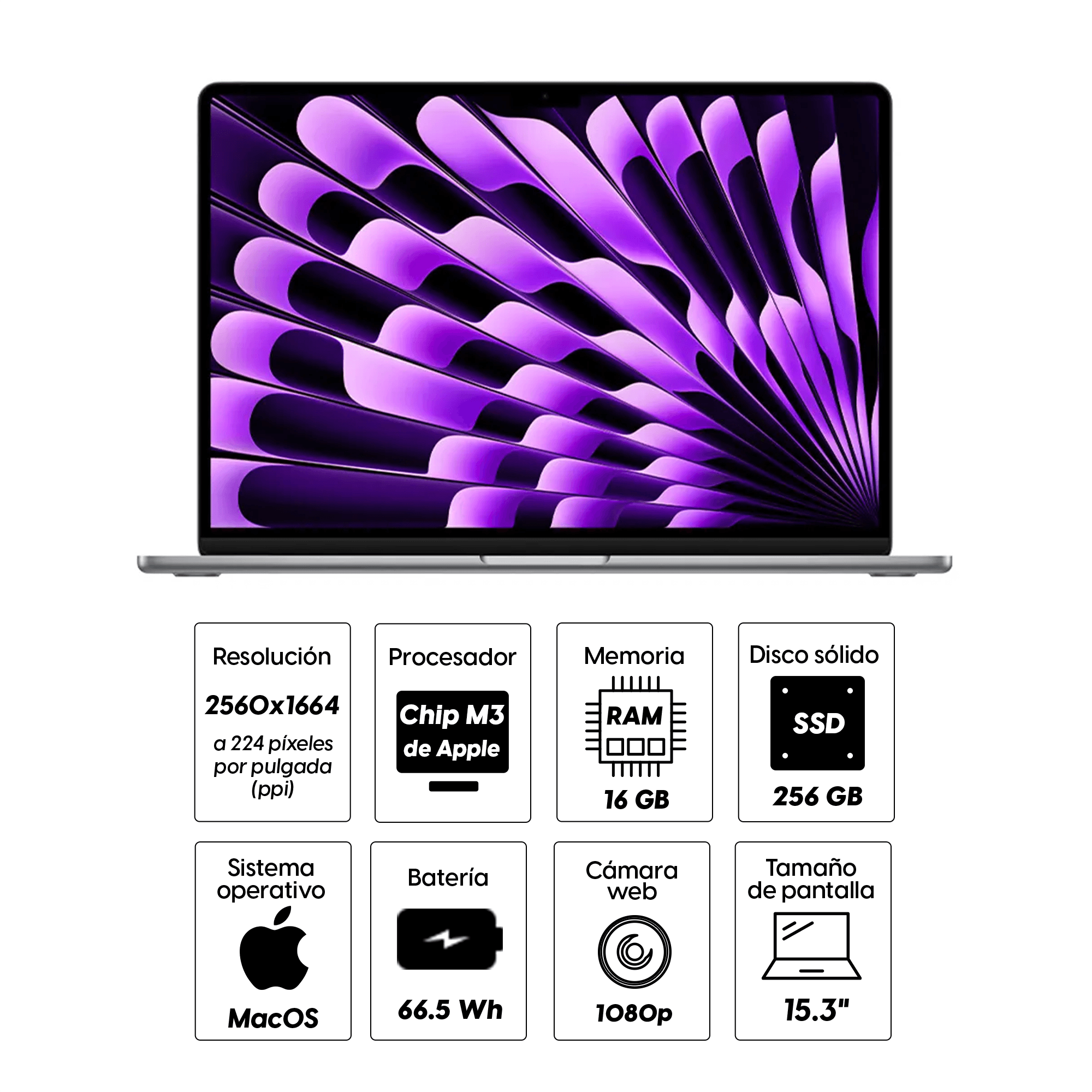 Imagen 2 del producto MacBook Air Apple 15.3"" Chip M3, 256GB SSD, 16GB RAM, 10GPU, macOS, space gray