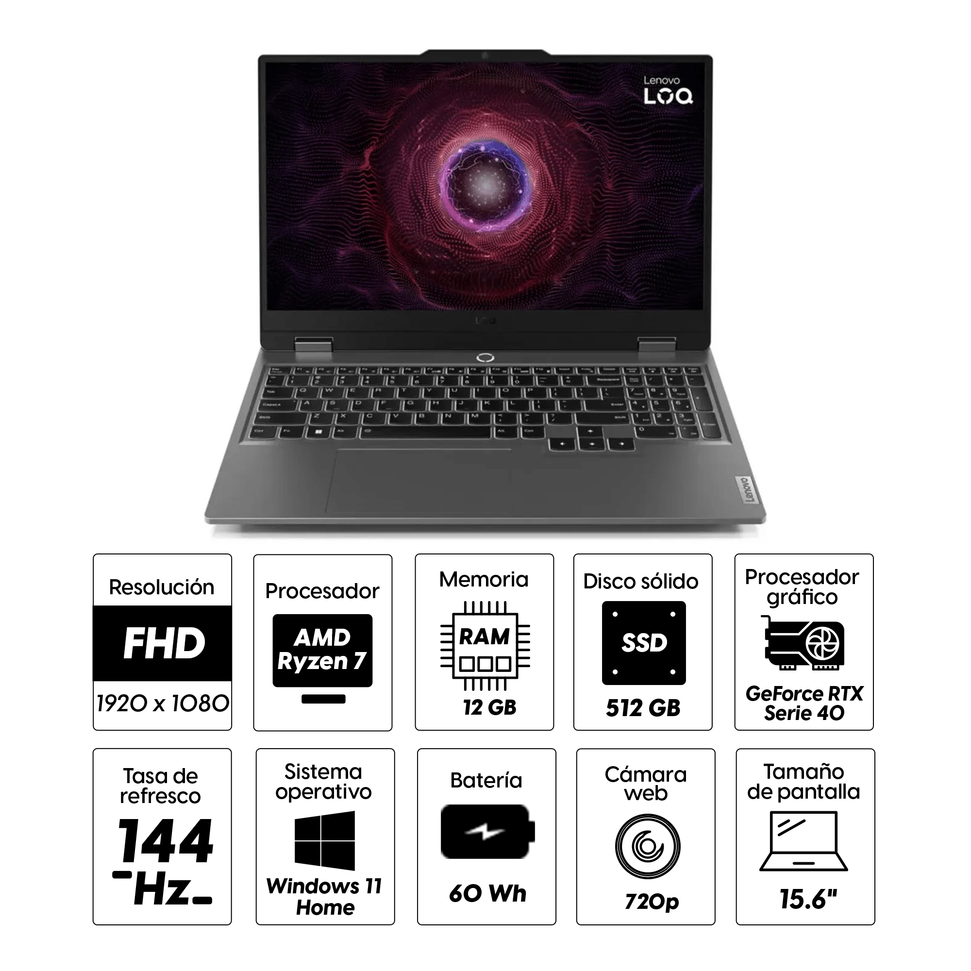 Imagen 2 del producto Laptop gamer Lenovo LOQ 15ARP9 15.6"" AMD Ryzen 7-7435HS, 512GB SSD, 12GB RAM, GeForce RTX 4050, Win11, gris