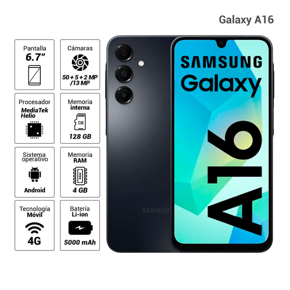 Imagen 2 del producto Celular Samsung Galaxy A16 4G 128GB, 4GB RAM, cámara trasera 50MP y frontal 13MP, 6.7"", negro