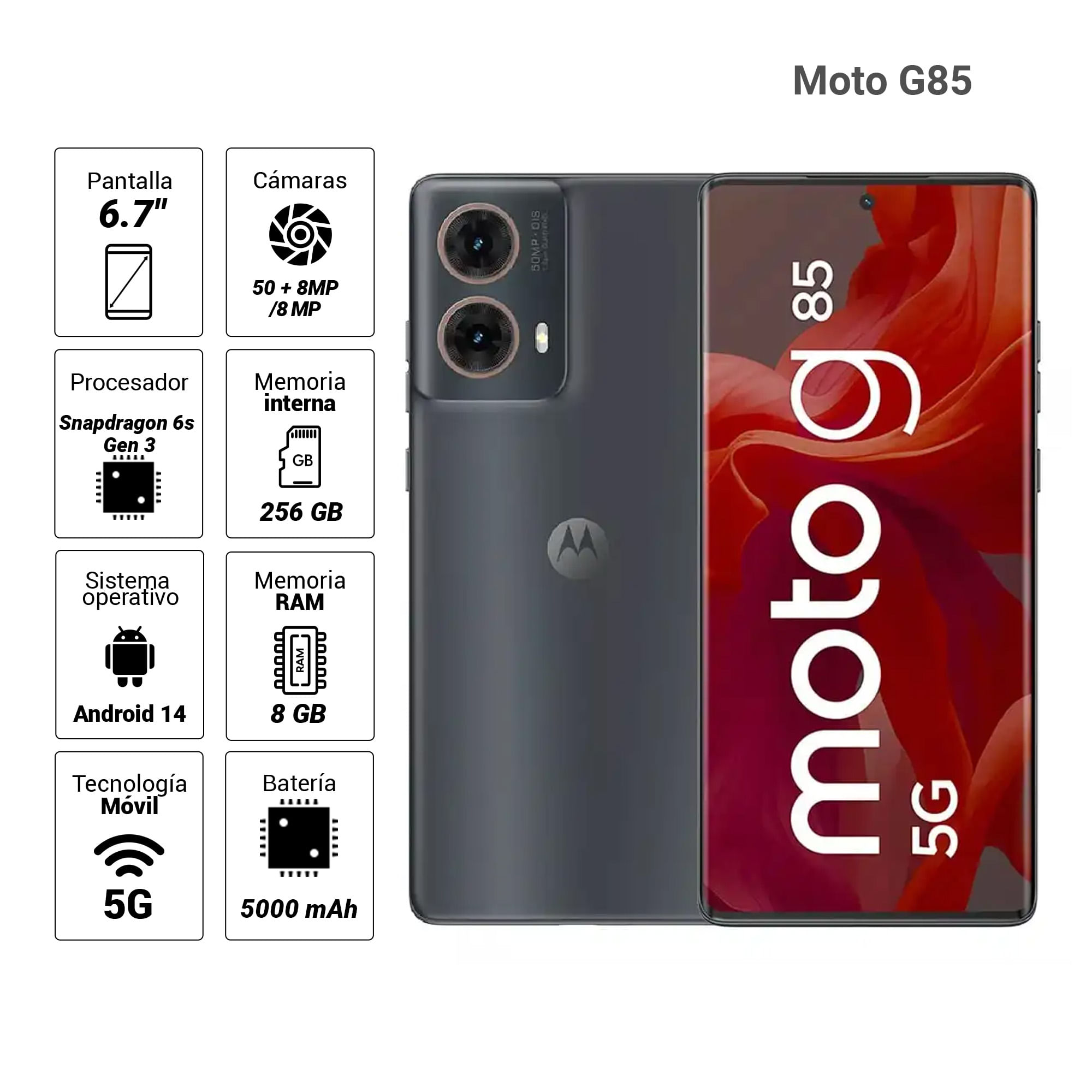 Imagen 2 del producto Celular Motorola Moto G85 5G, 256GB, 8GB RAM, cámara trasera 50MP y frontal 32MP, 6.7"", gris