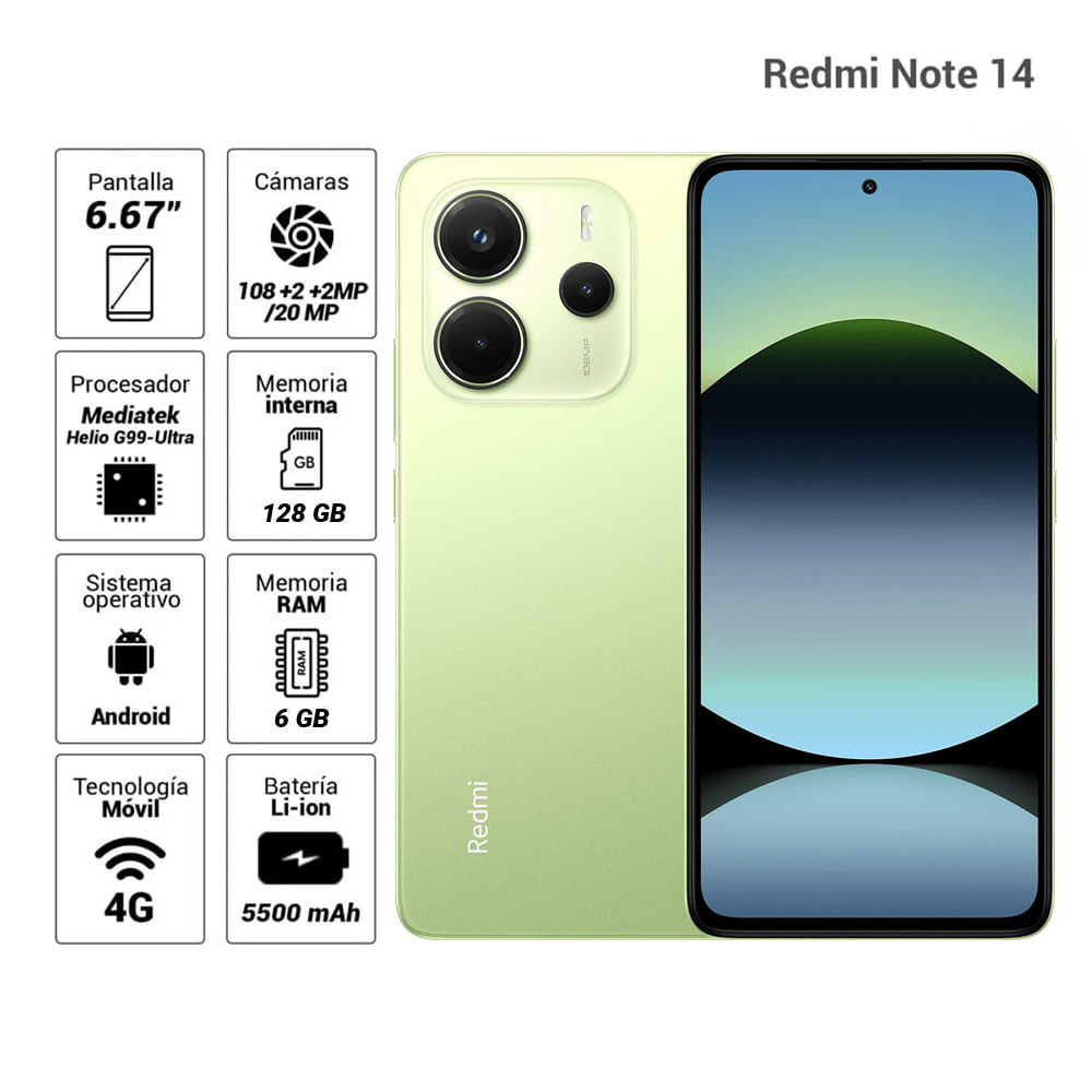 Imagen 2 del producto Celular Xiaomi Redmi Note 14 4G 128GB, 6GB RAM, cámara trasera 108MP y frontal 20MP, 6.67"", verde