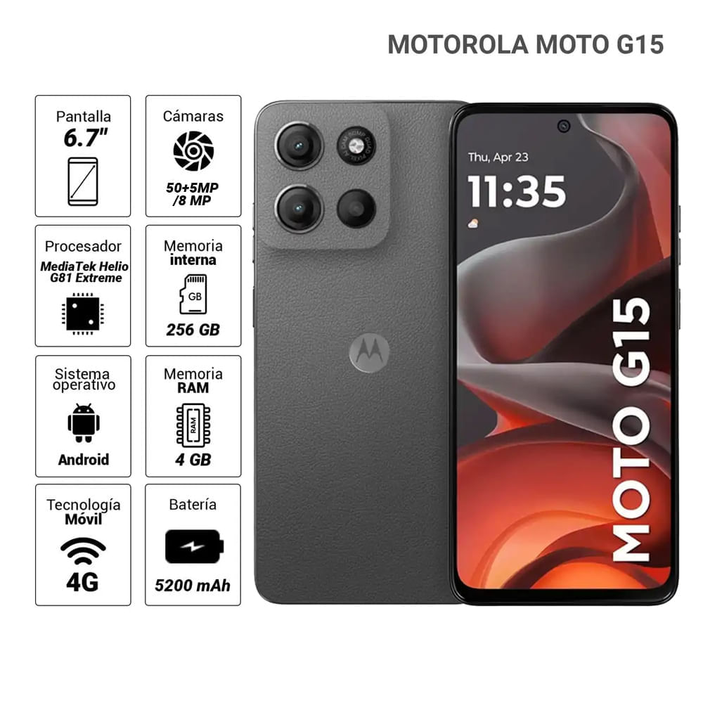 Imagen 2 del producto Celular Motorola G15 4G, 256GB, 4GB RAM, cámara trasera 50MP y frontal 8MP, 6.72"", gris
